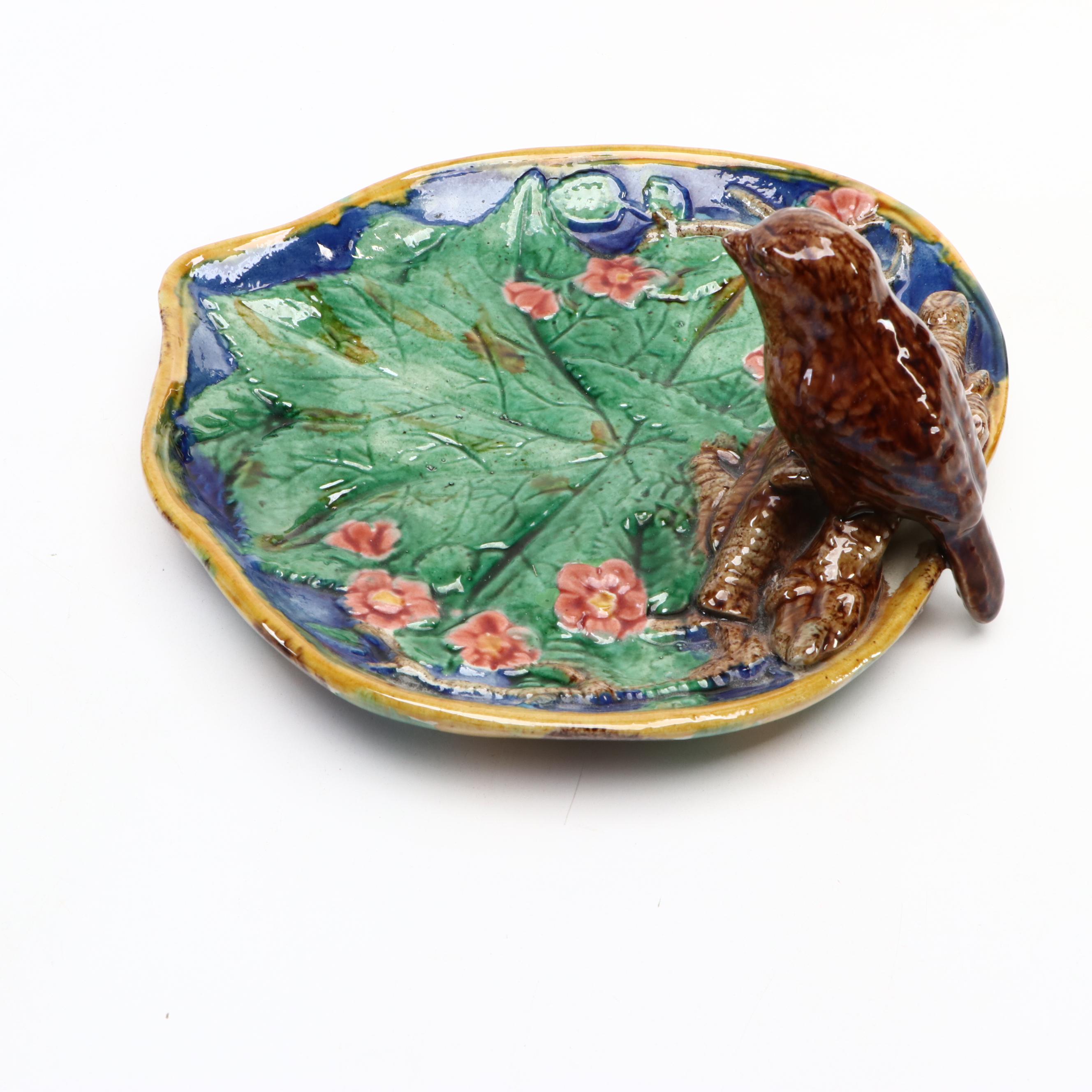 Continental Majolica or Palissy-Style Figural Bird and Leaf Dish