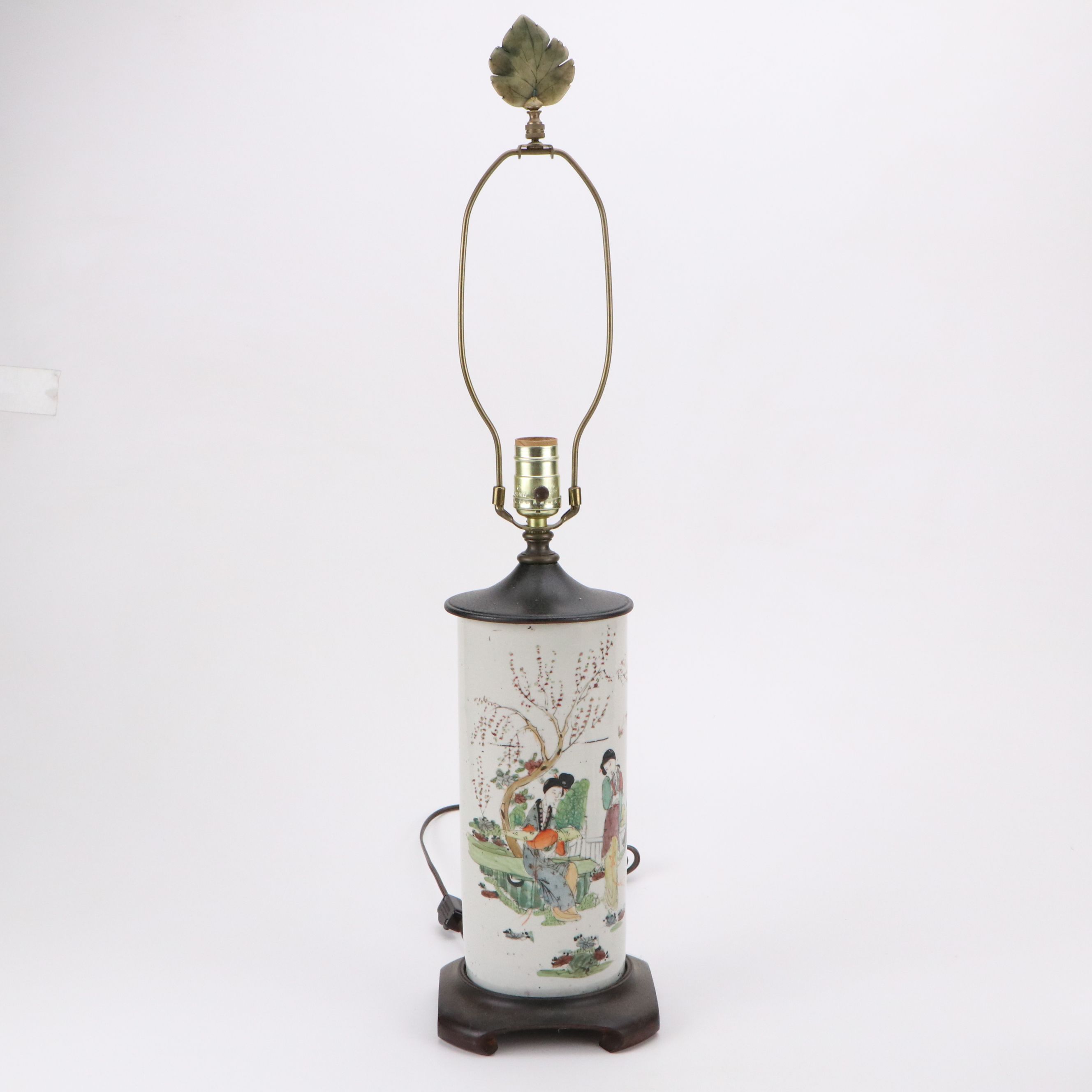 Pair of Chinese Cylindrical Famille Rose Figural Porcelain Table Lamps