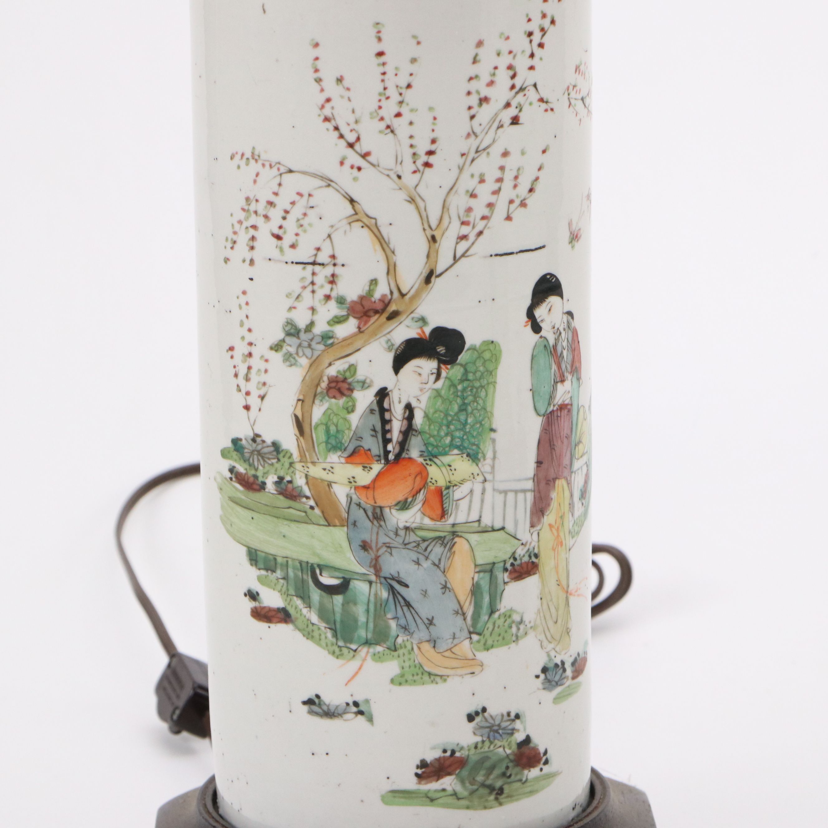 Pair of Chinese Cylindrical Famille Rose Figural Porcelain Table Lamps