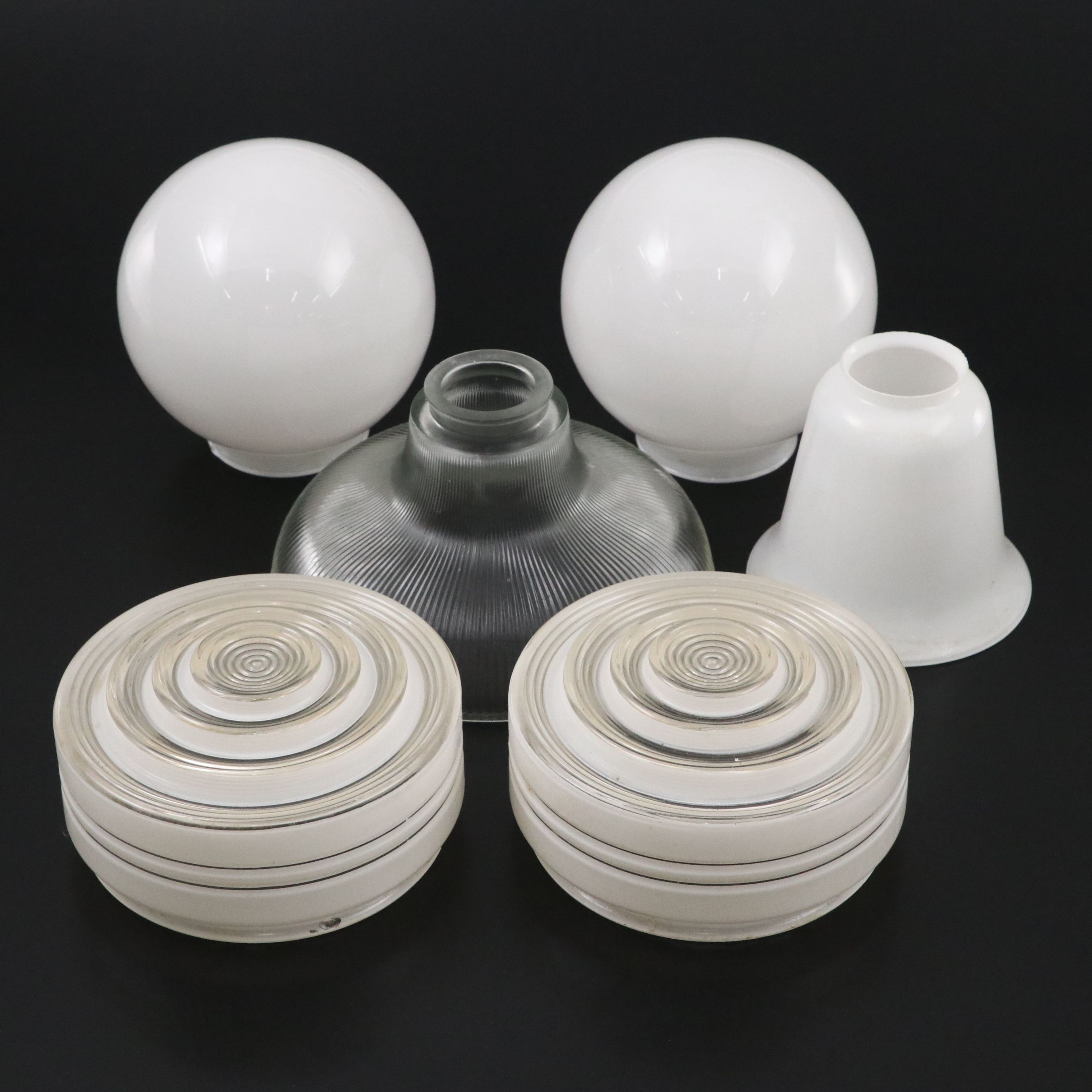 Holophane Pendant Shade, Deco Bullseye Ceiling Fixtures, Milk Glass Globe Shades