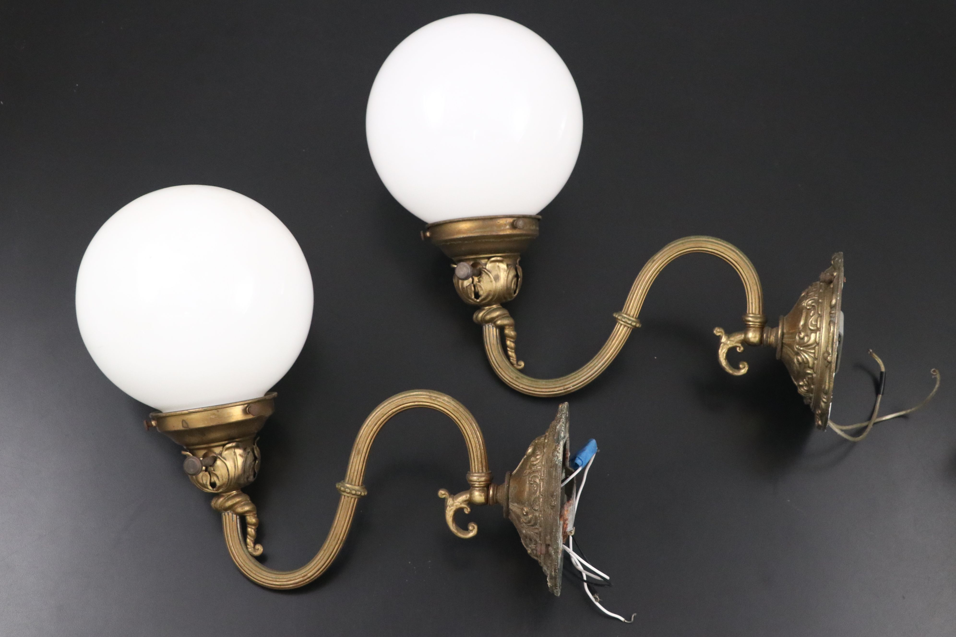 Three Victorian Brass Wall Sconces with Milk Glass Globe Shades