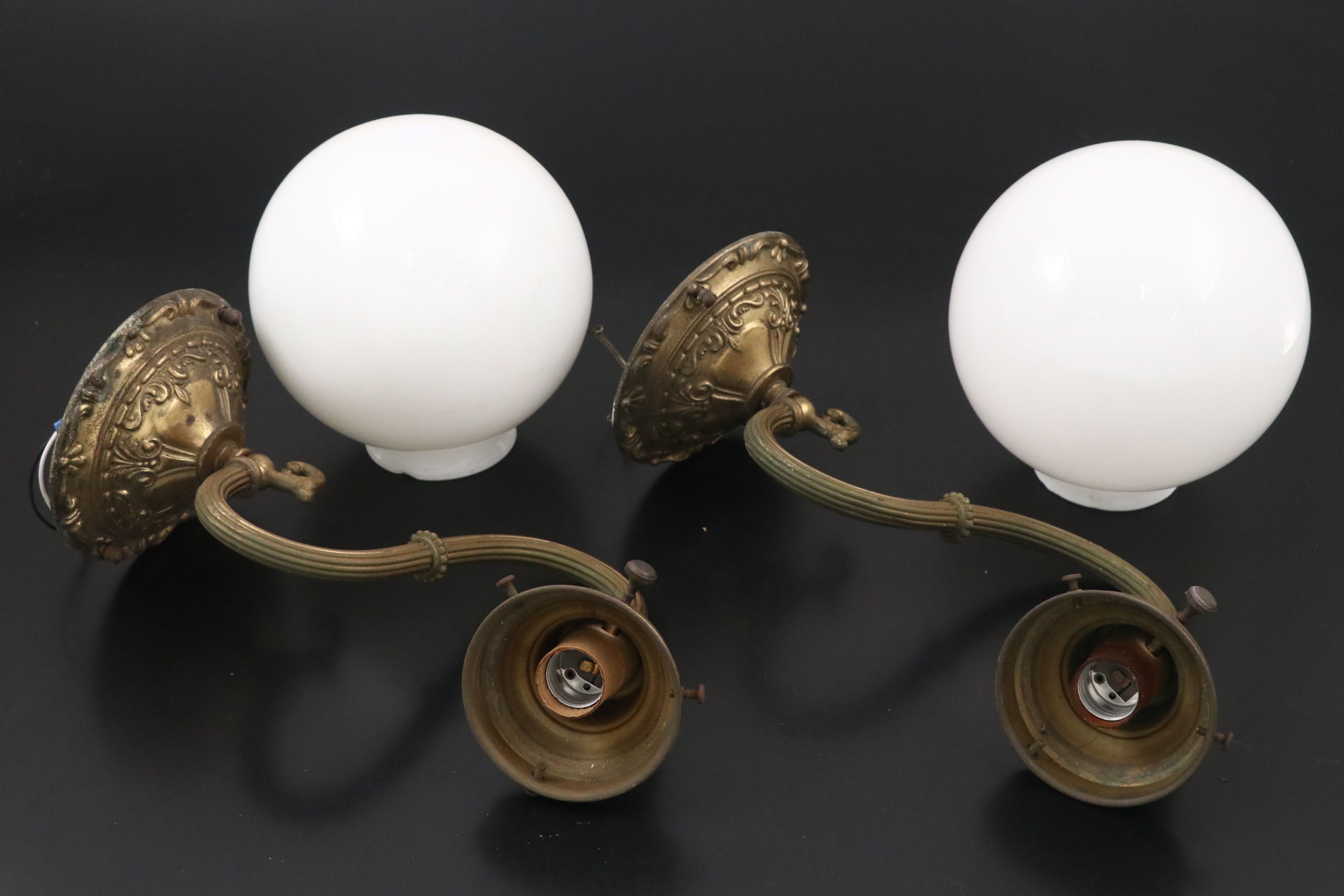 Three Victorian Brass Wall Sconces with Milk Glass Globe Shades