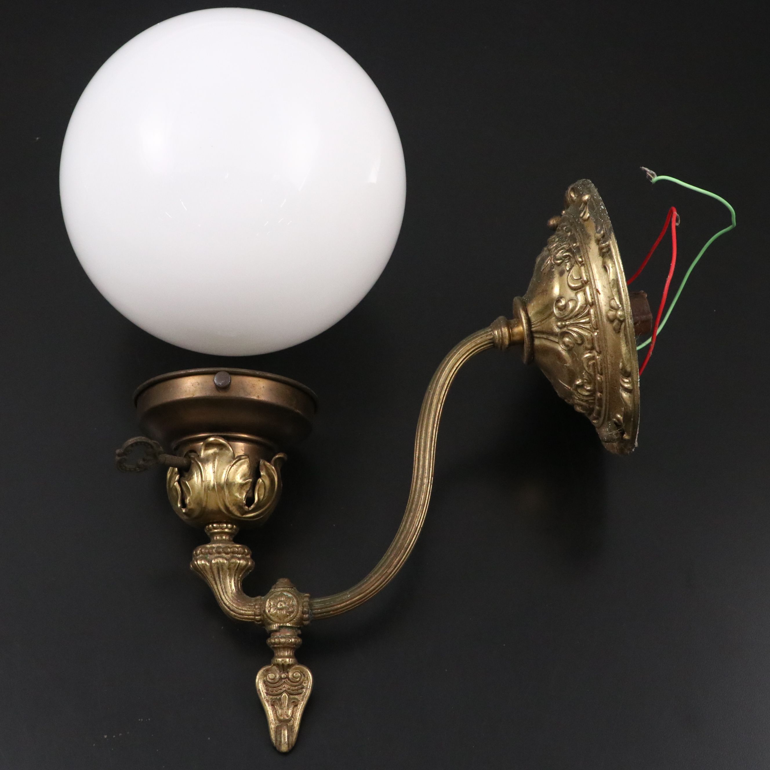 Three Victorian Brass Wall Sconces with Milk Glass Globe Shades