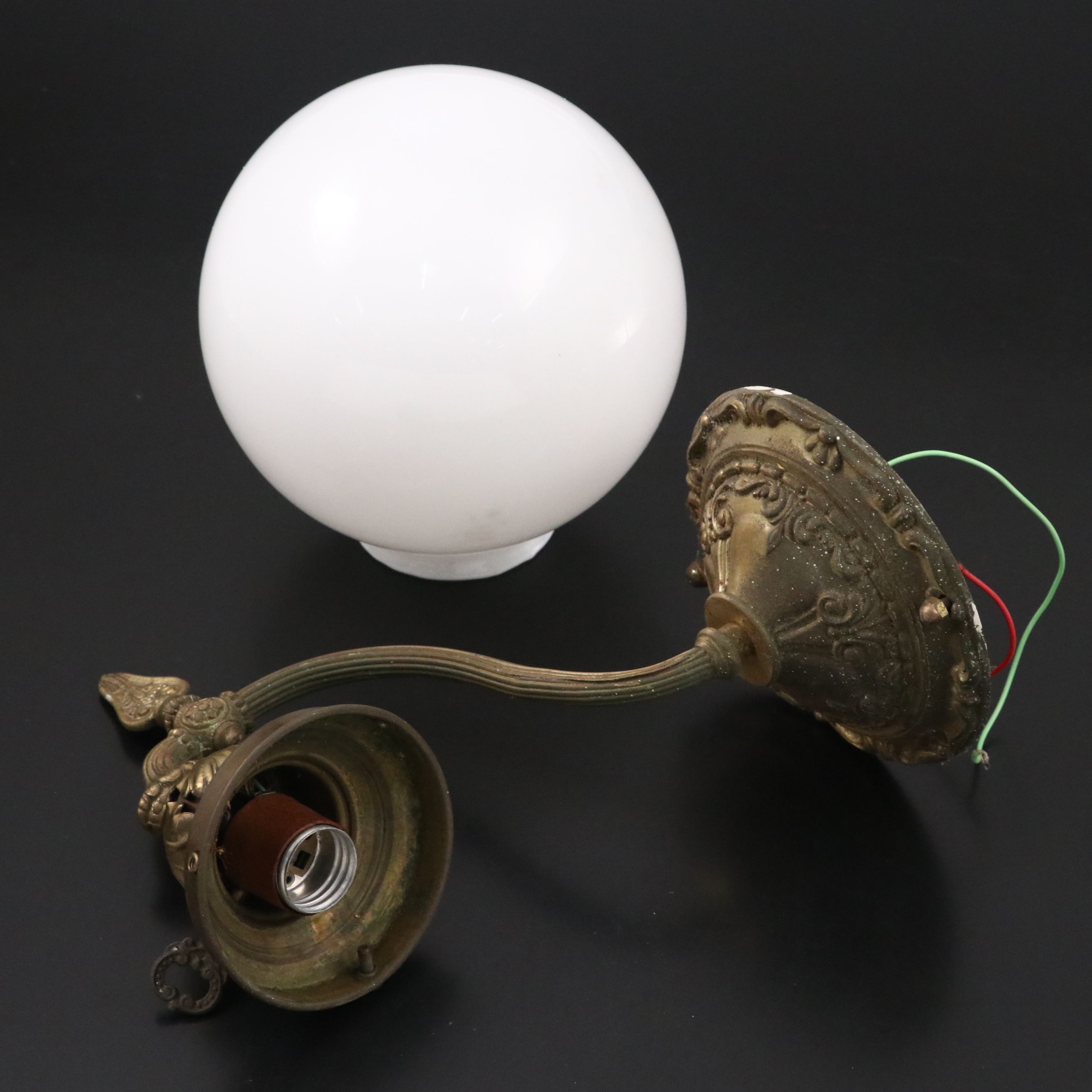 Three Victorian Brass Wall Sconces with Milk Glass Globe Shades