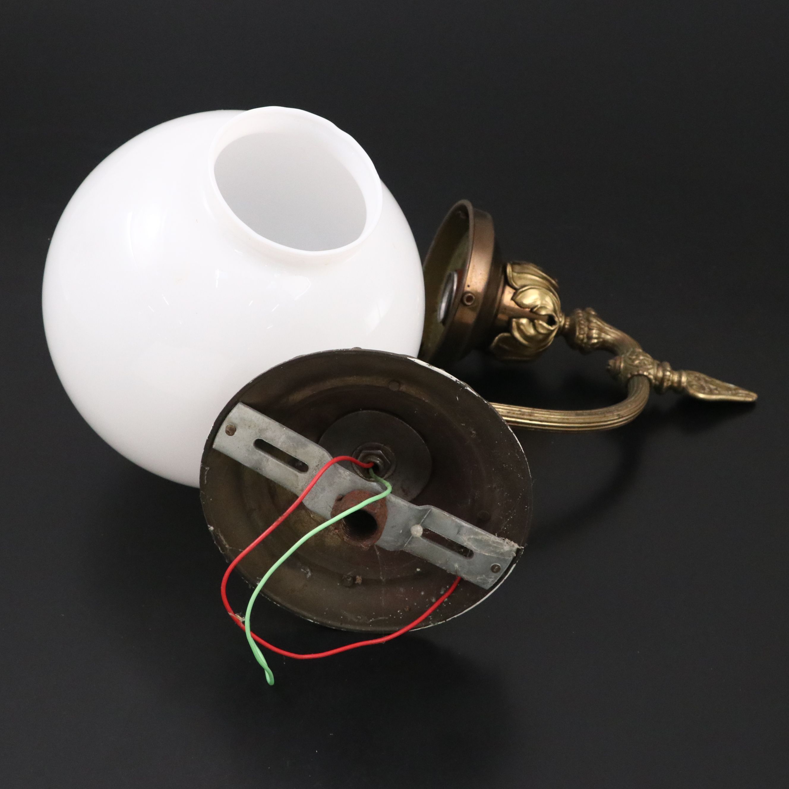 Three Victorian Brass Wall Sconces with Milk Glass Globe Shades