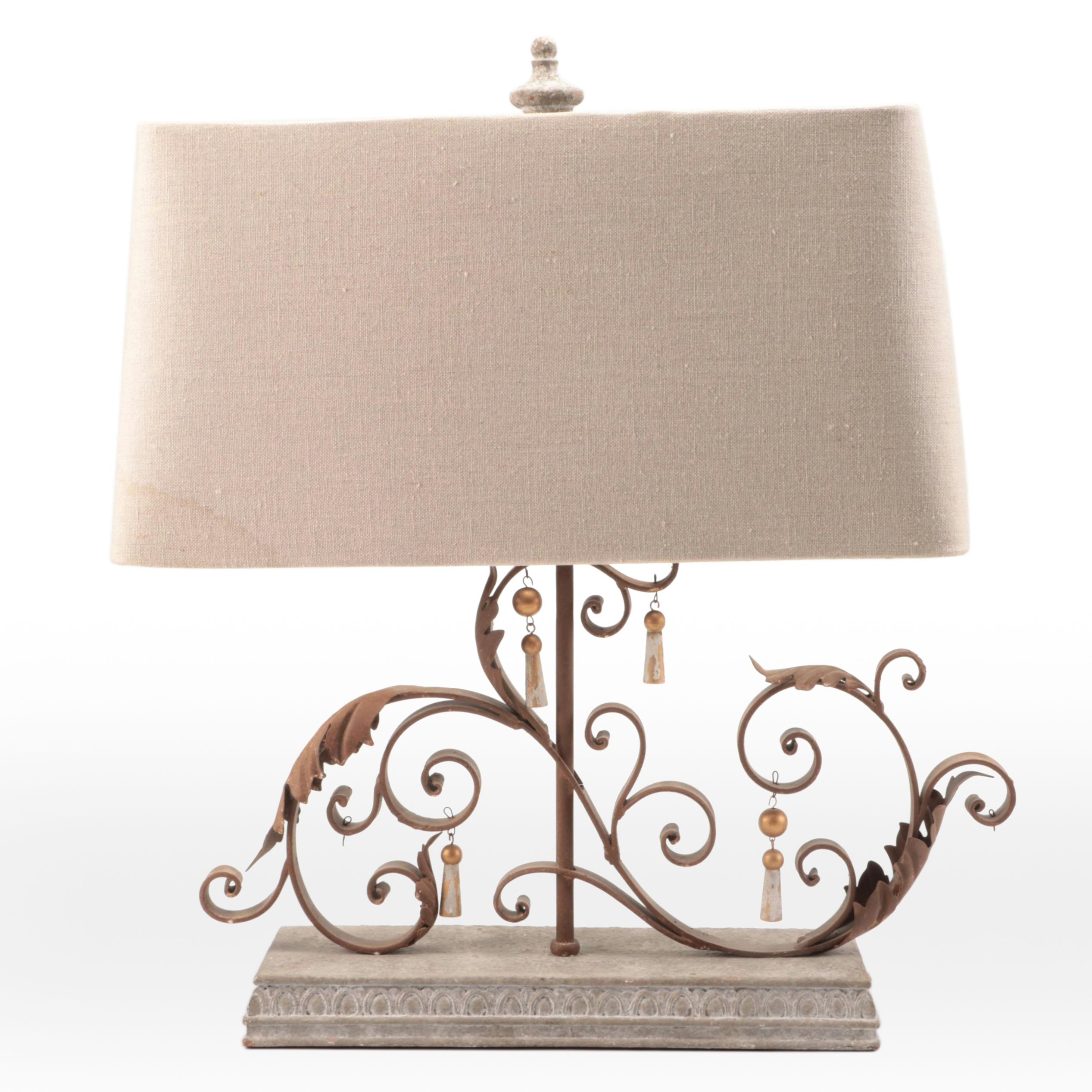 Metal Scrollwork and Leaves Table Lamp on Faux Stone Base, Linen Shade