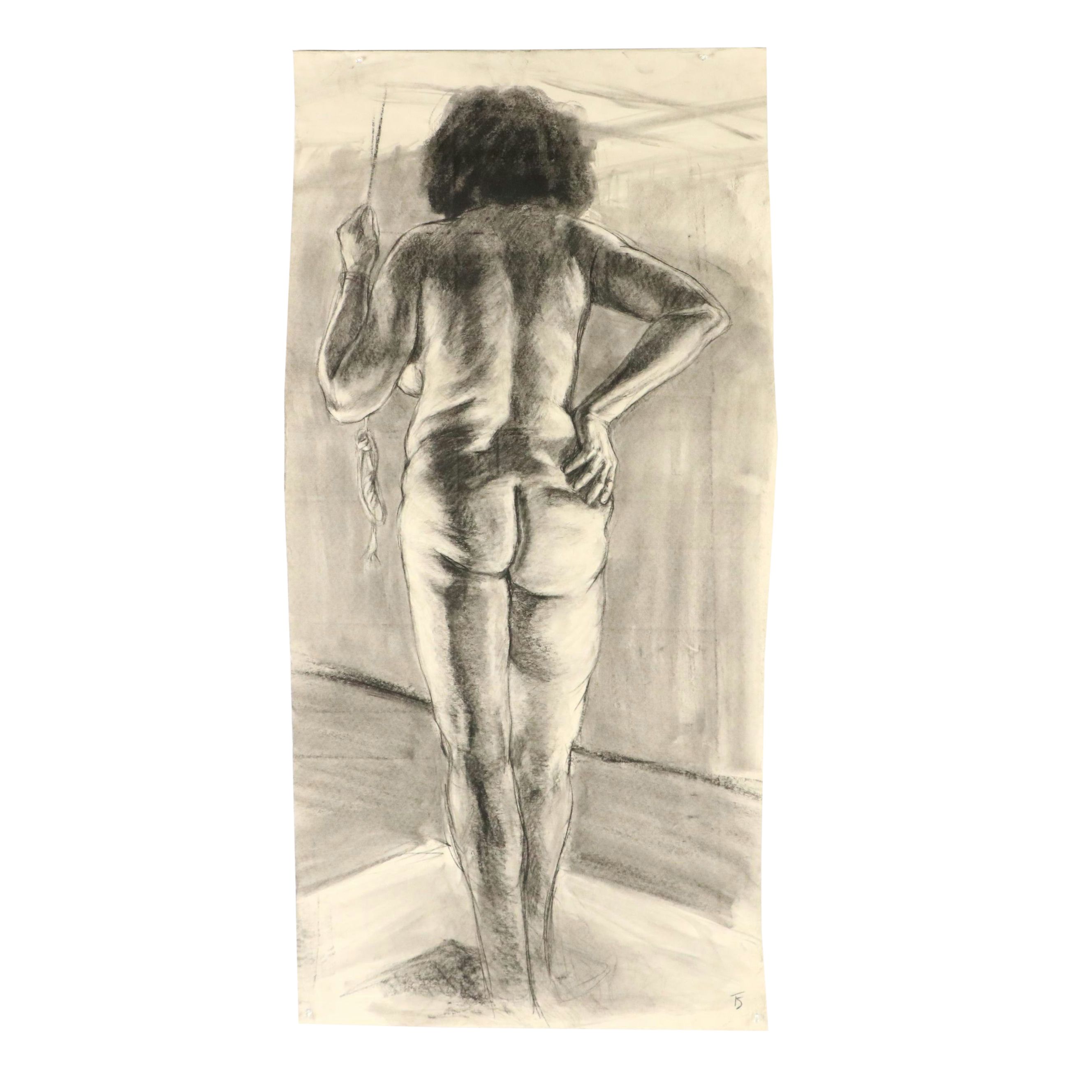 Ben Farrell Charcoal Figure Drawing of Nude Woman Holding Rope, 2010s