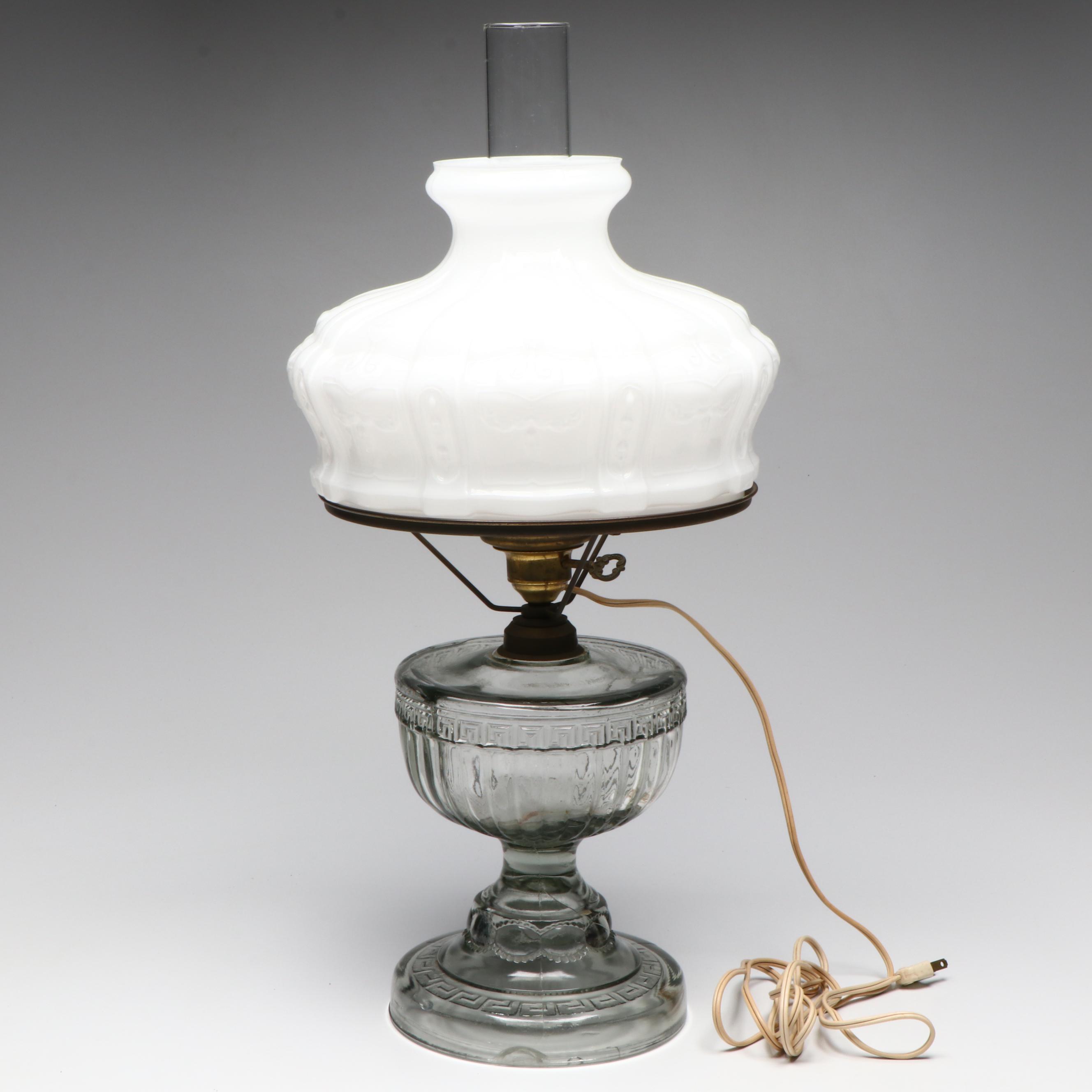 Victorian Glass Oil Lamp with Milk Glass Shade, French Adapted Mid-20th C.
