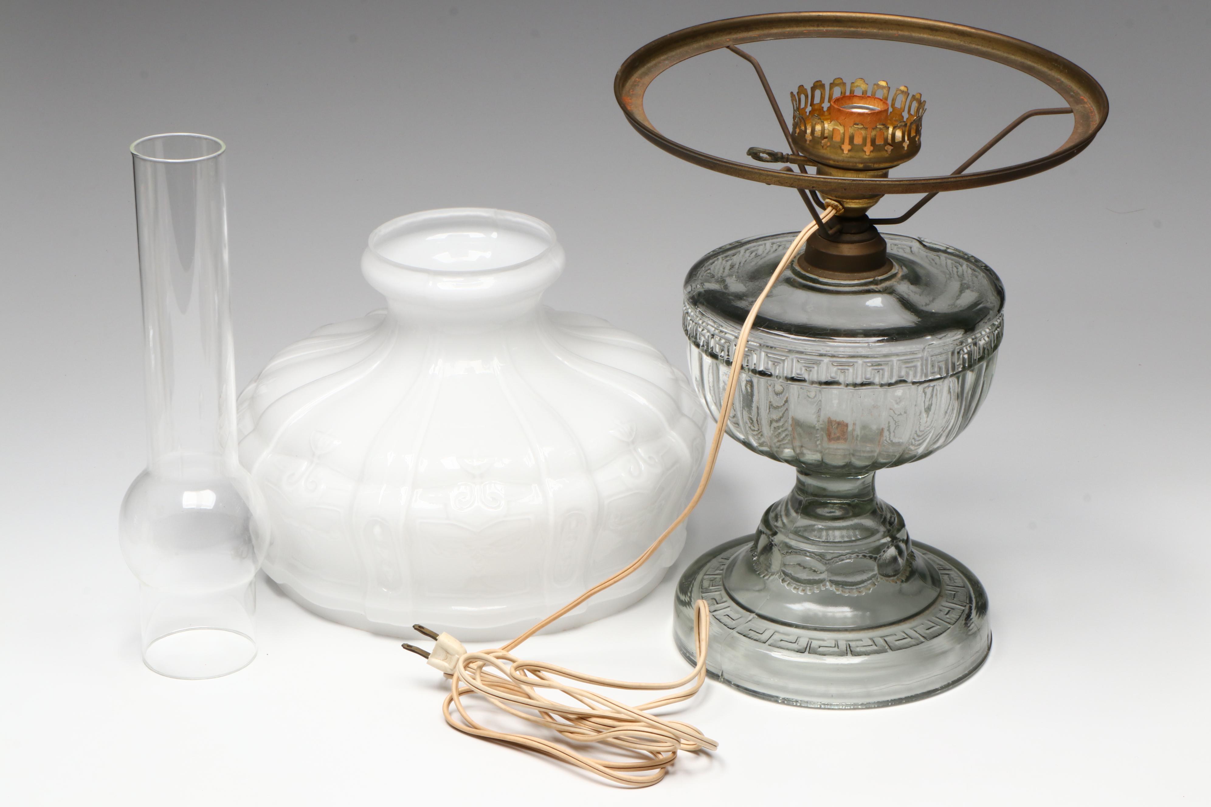 Victorian Glass Oil Lamp with Milk Glass Shade, French Adapted Mid-20th C.