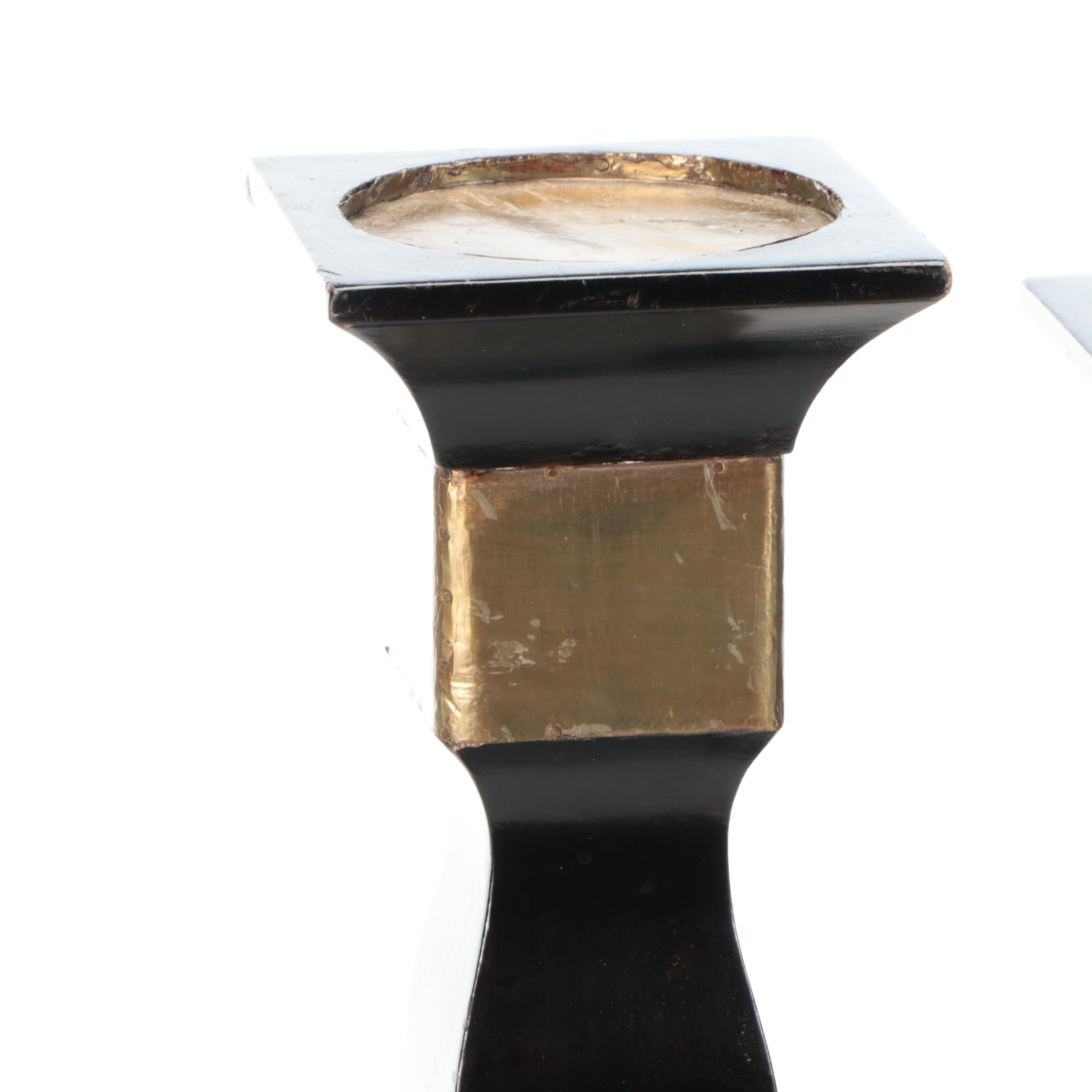 Gold Foil and Black Polychrome Wooden Candle Holders