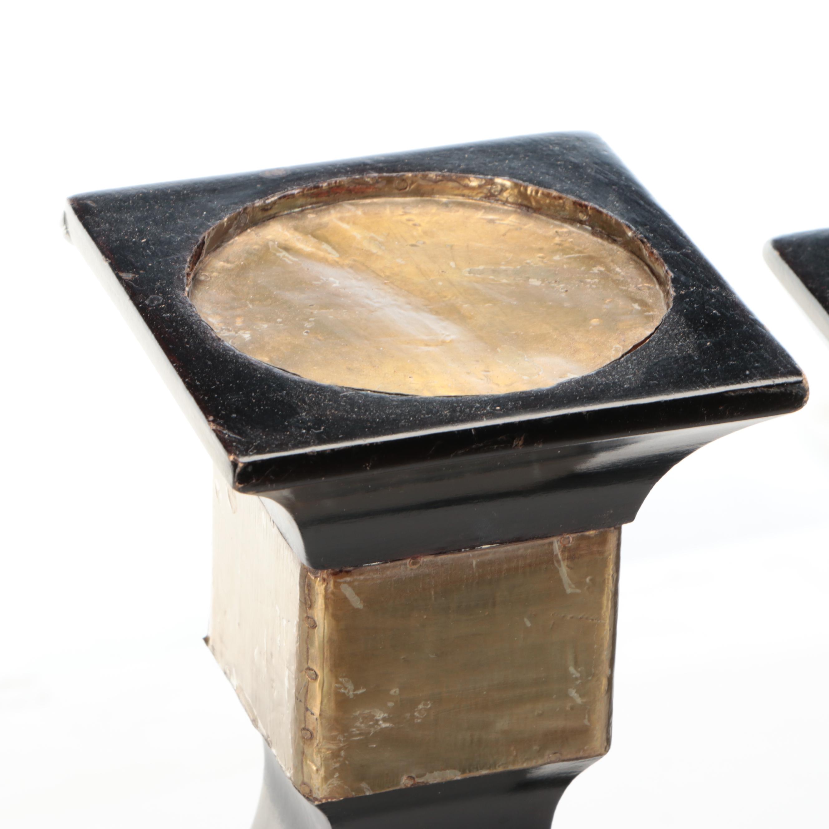 Gold Foil and Black Polychrome Wooden Candle Holders