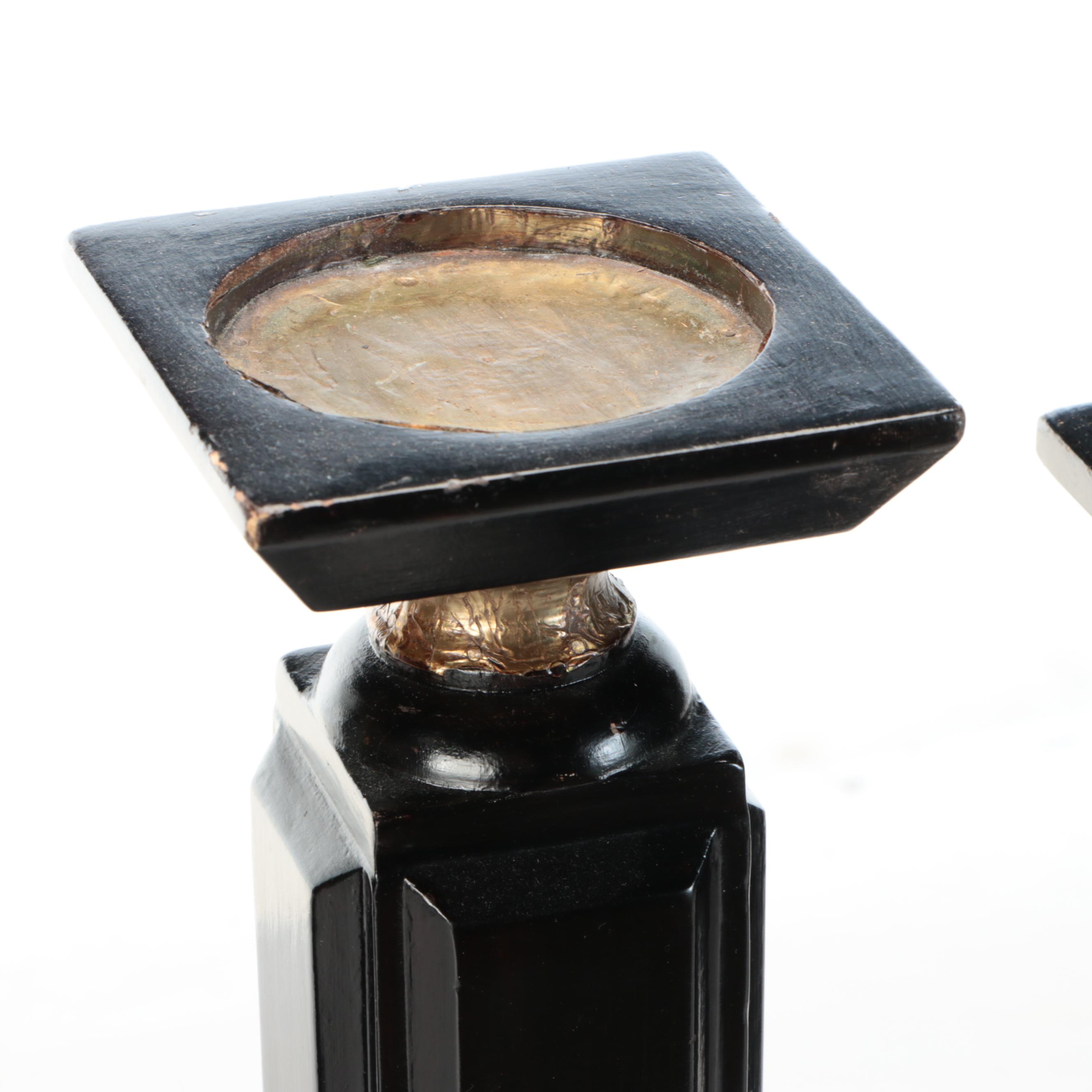 Gold Foil and Black Polychrome Wooden Candle Holders