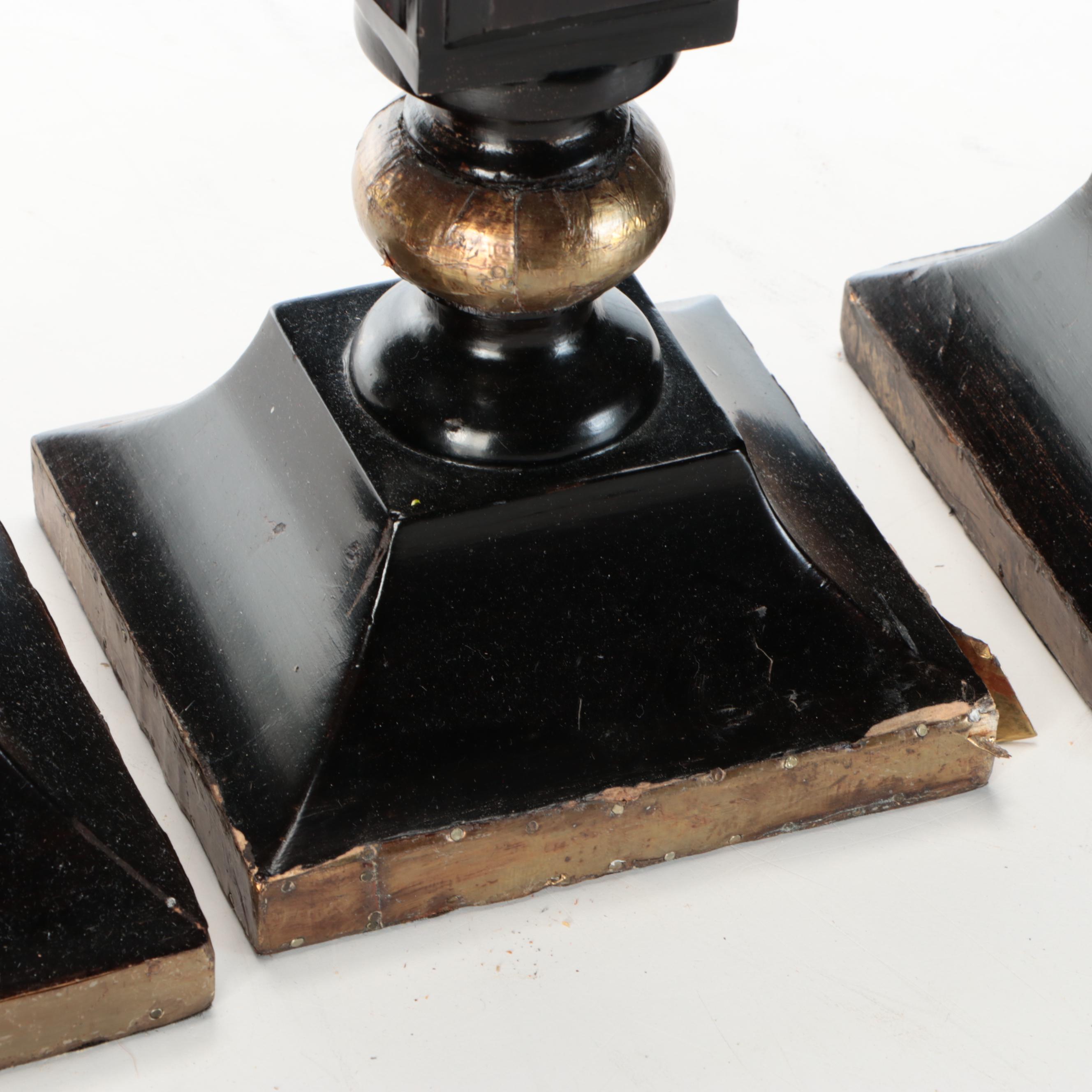 Gold Foil and Black Polychrome Wooden Candle Holders