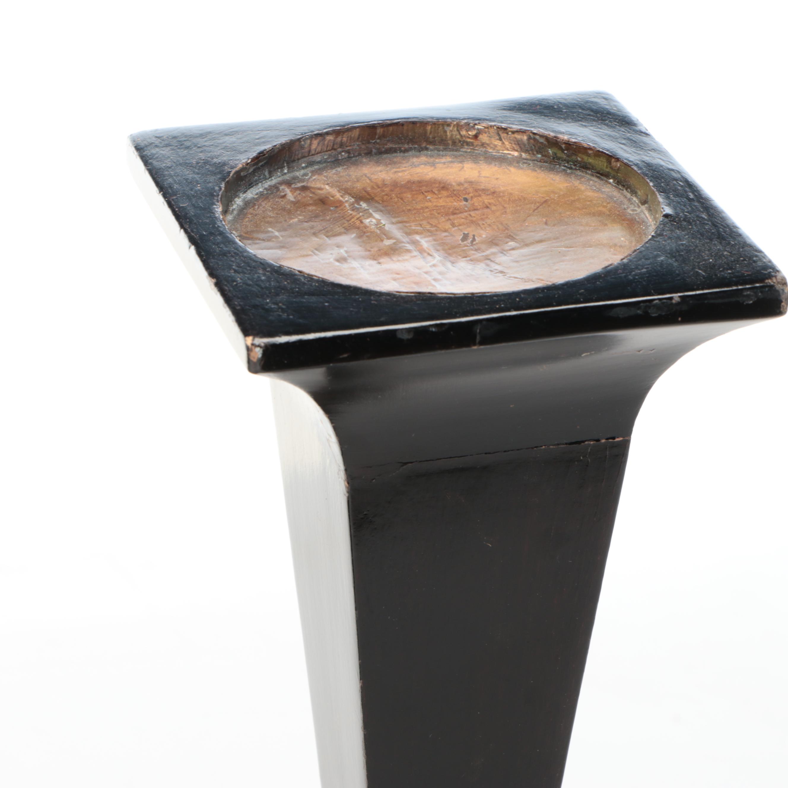 Gold Foil and Black Polychrome Wooden Candle Holders