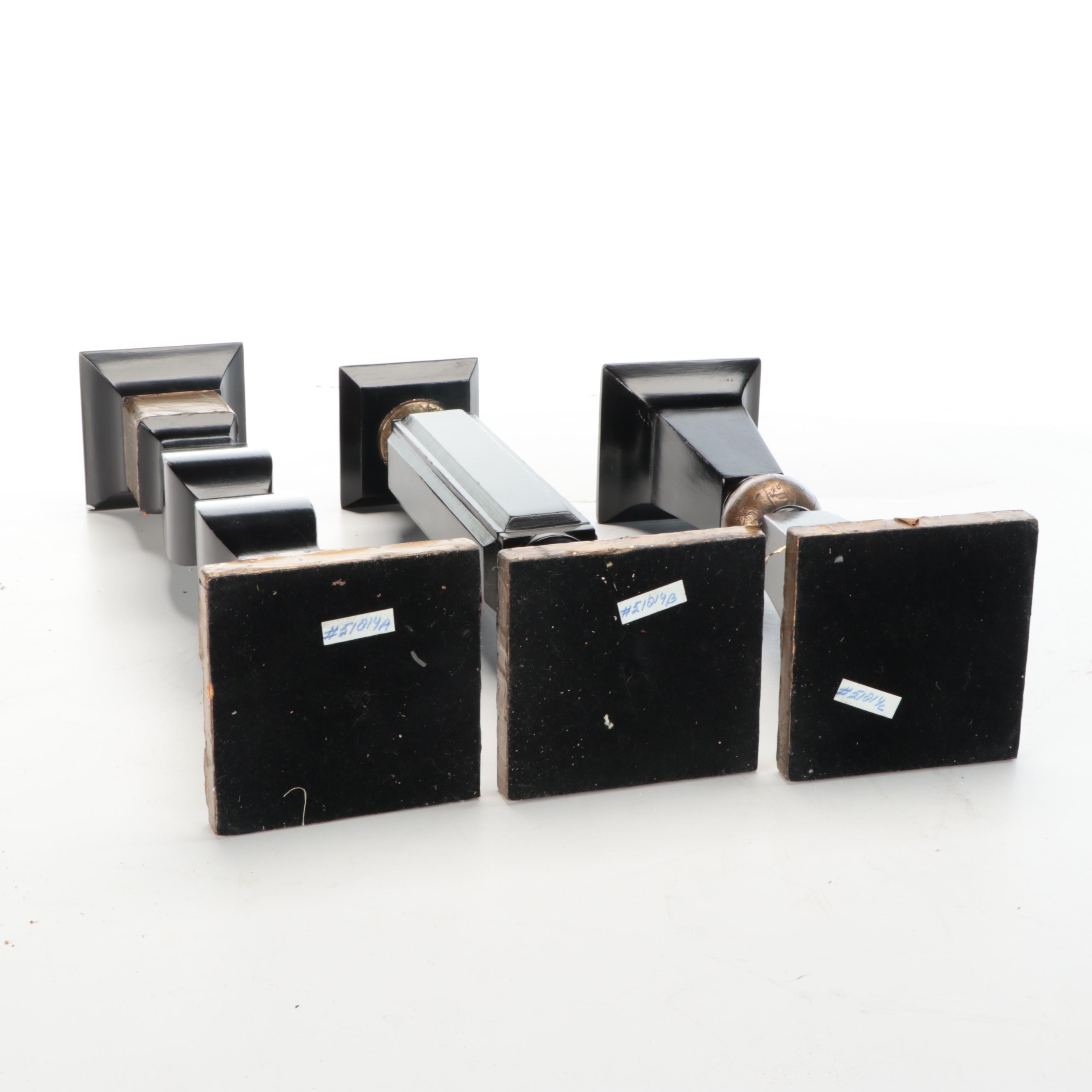 Gold Foil and Black Polychrome Wooden Candle Holders