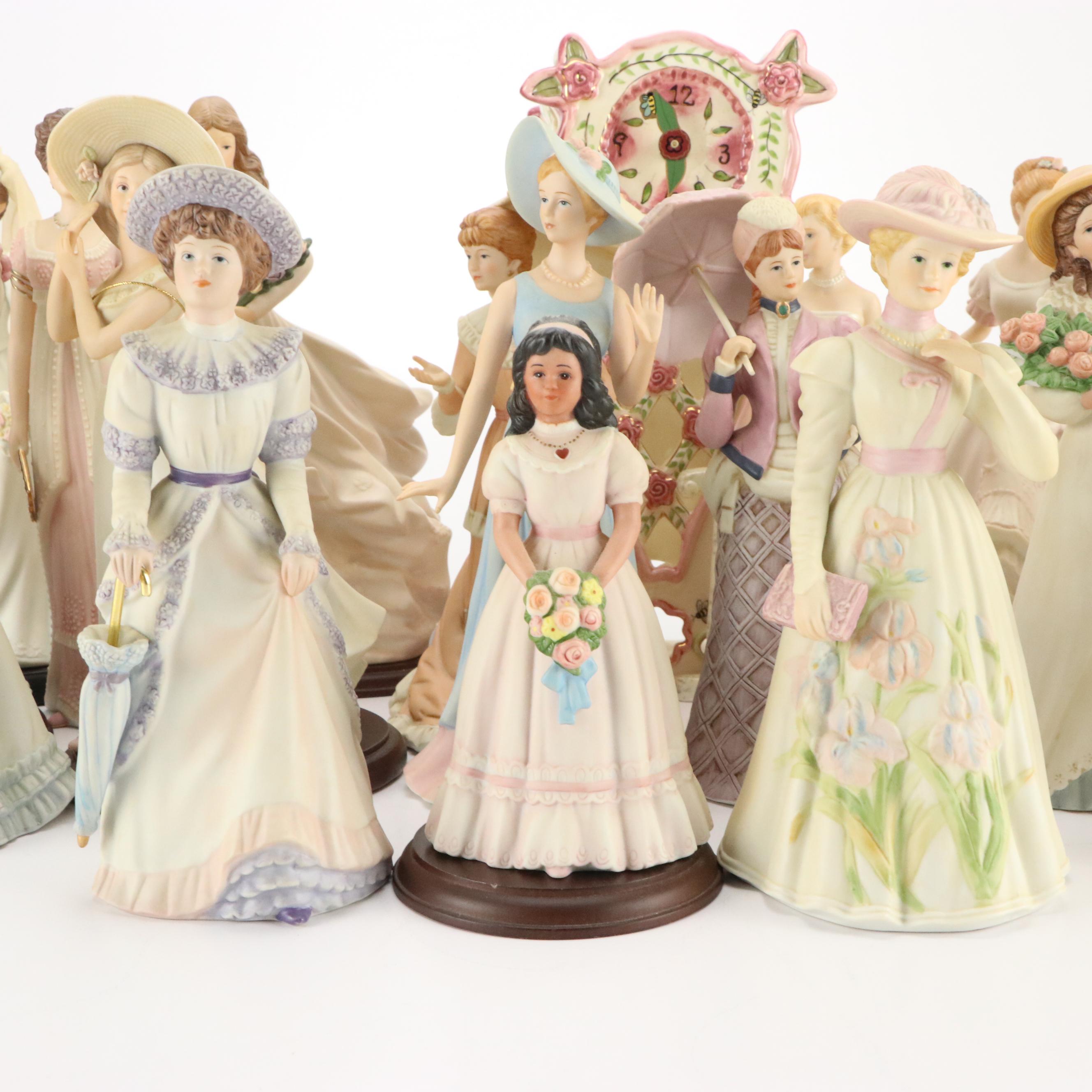 Homco Porcelain Victorian Lady Figurines with Hand-Painted Clock and Other Décor