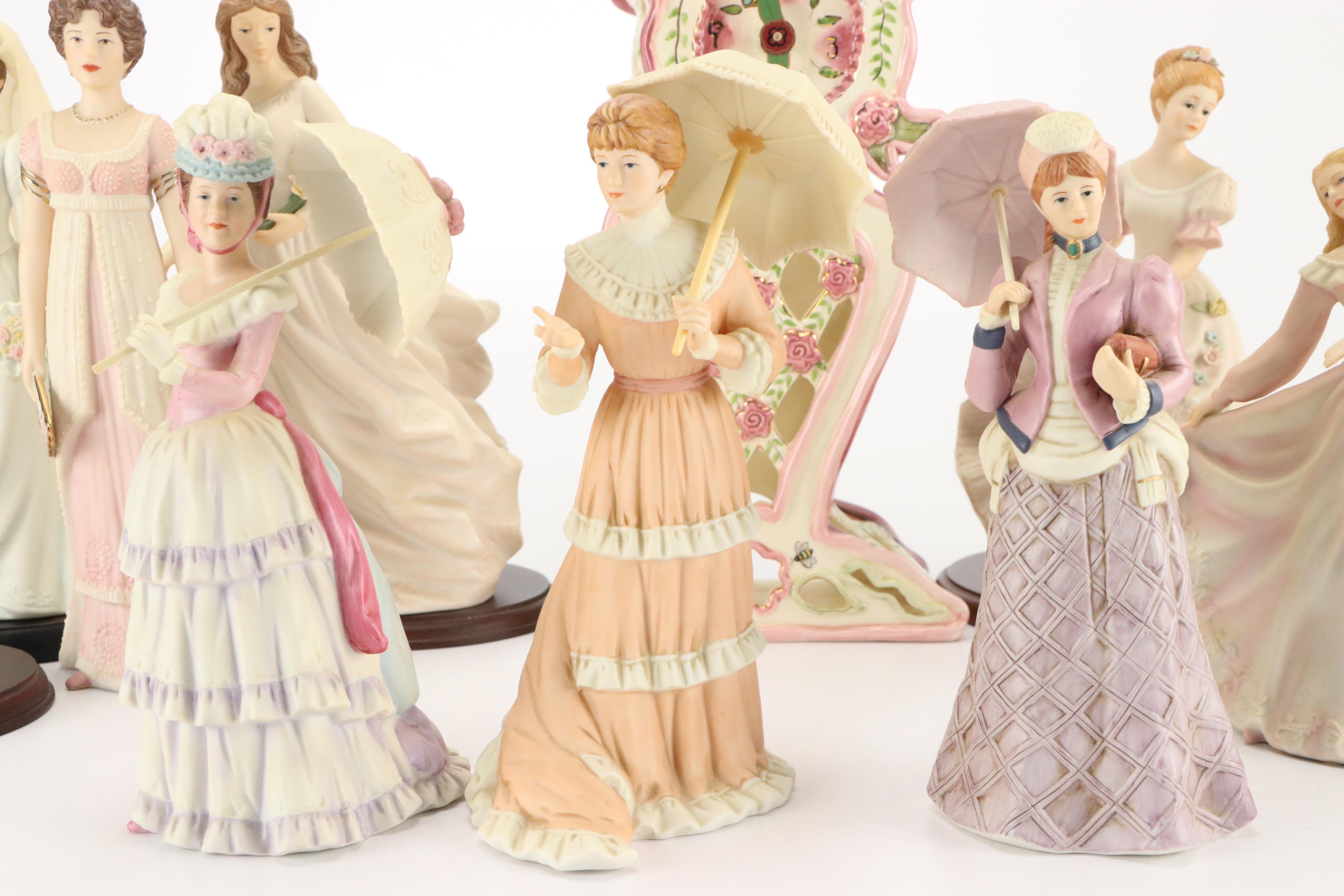 Homco Porcelain Victorian Lady Figurines with Hand-Painted Clock and Other Décor