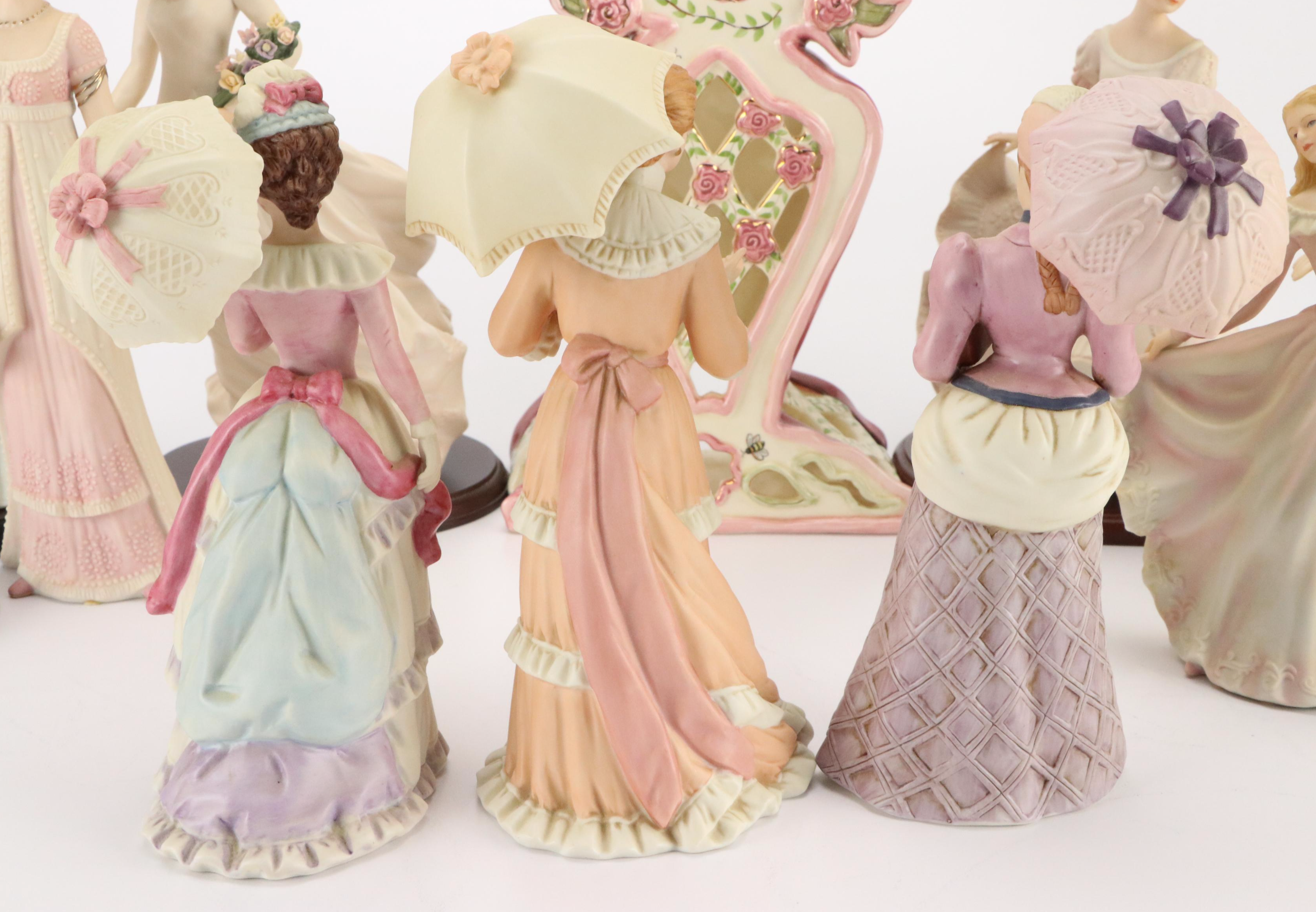 Homco Porcelain Victorian Lady Figurines with Hand-Painted Clock and Other Décor
