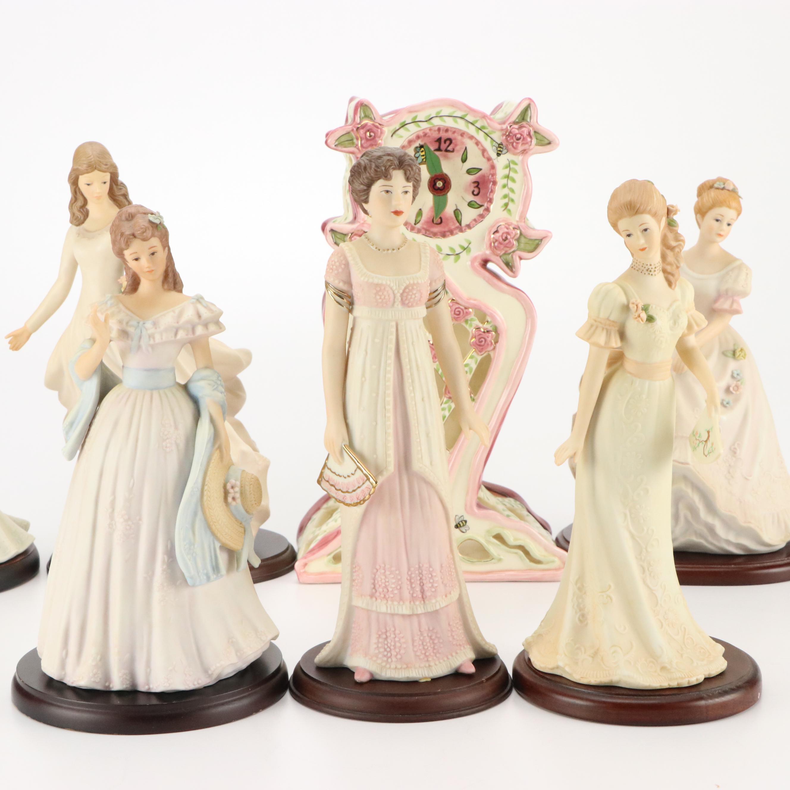 Homco Porcelain Victorian Lady Figurines with Hand-Painted Clock and Other Décor