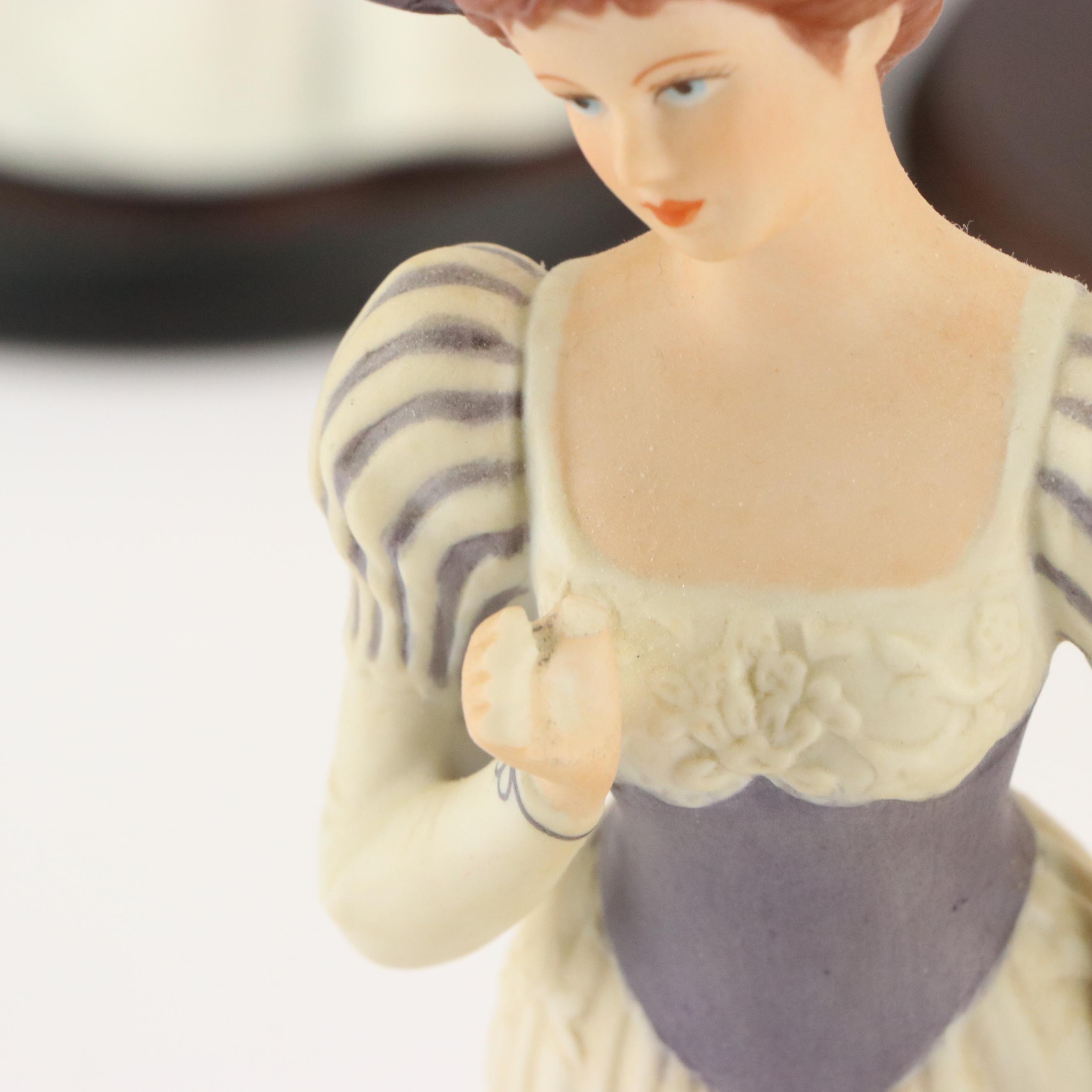 Homco Porcelain Victorian Lady Figurines with Hand-Painted Clock and Other Décor