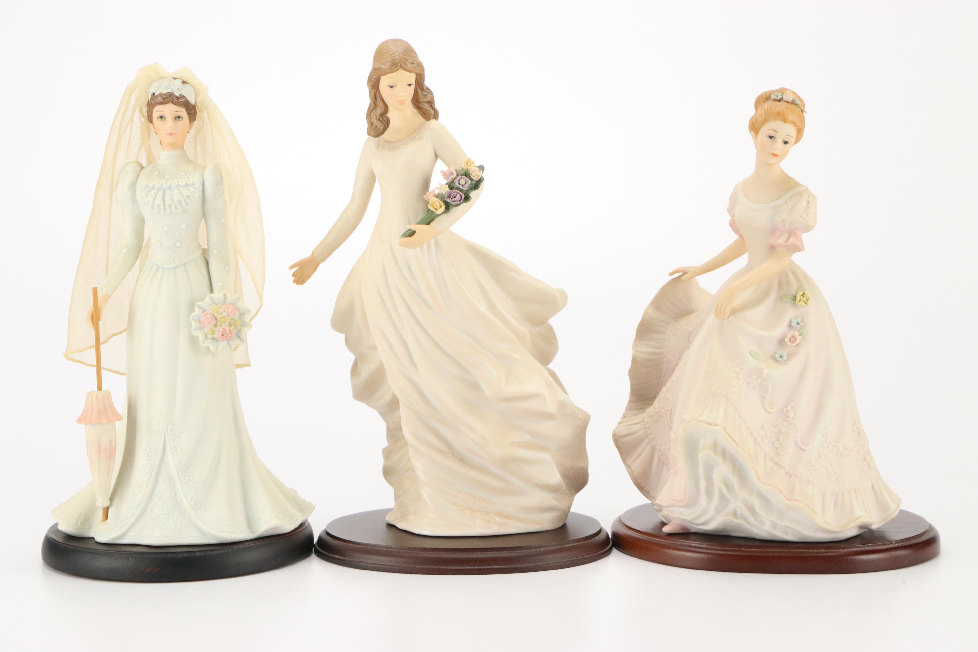 Homco Porcelain Victorian Lady Figurines with Hand-Painted Clock and Other Décor
