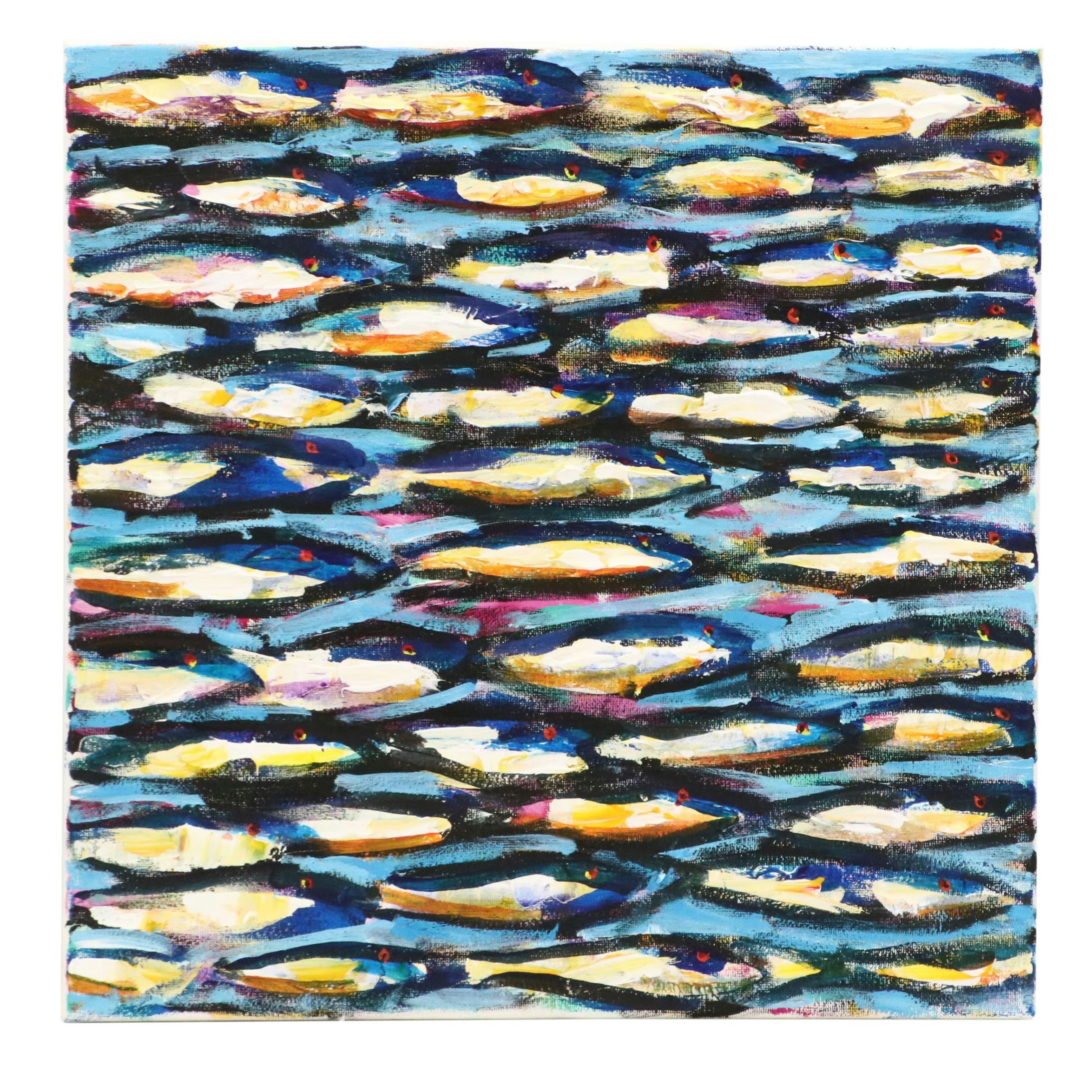 Elle Raines Stylized Acrylic Painting "School of Sardines #6," 21st Century