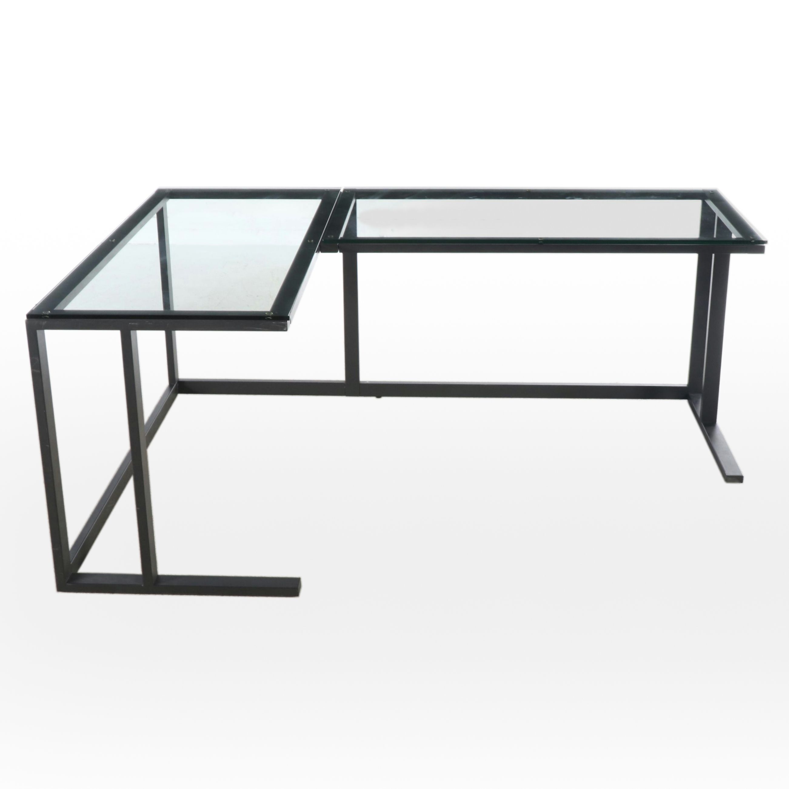 Contemporary Modern Metal Frame L-Shaped Desk with Glass Top