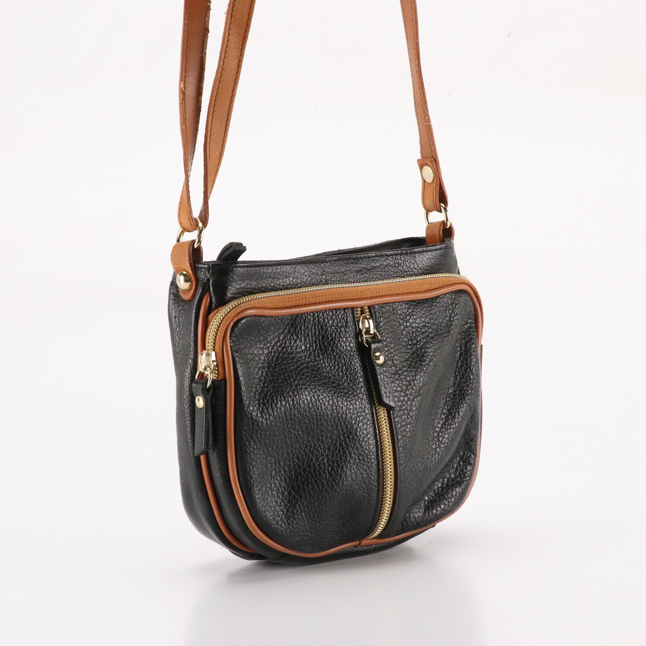 Valentina Mini Crossbody Bag in Black Grained Leather and Brown Trim