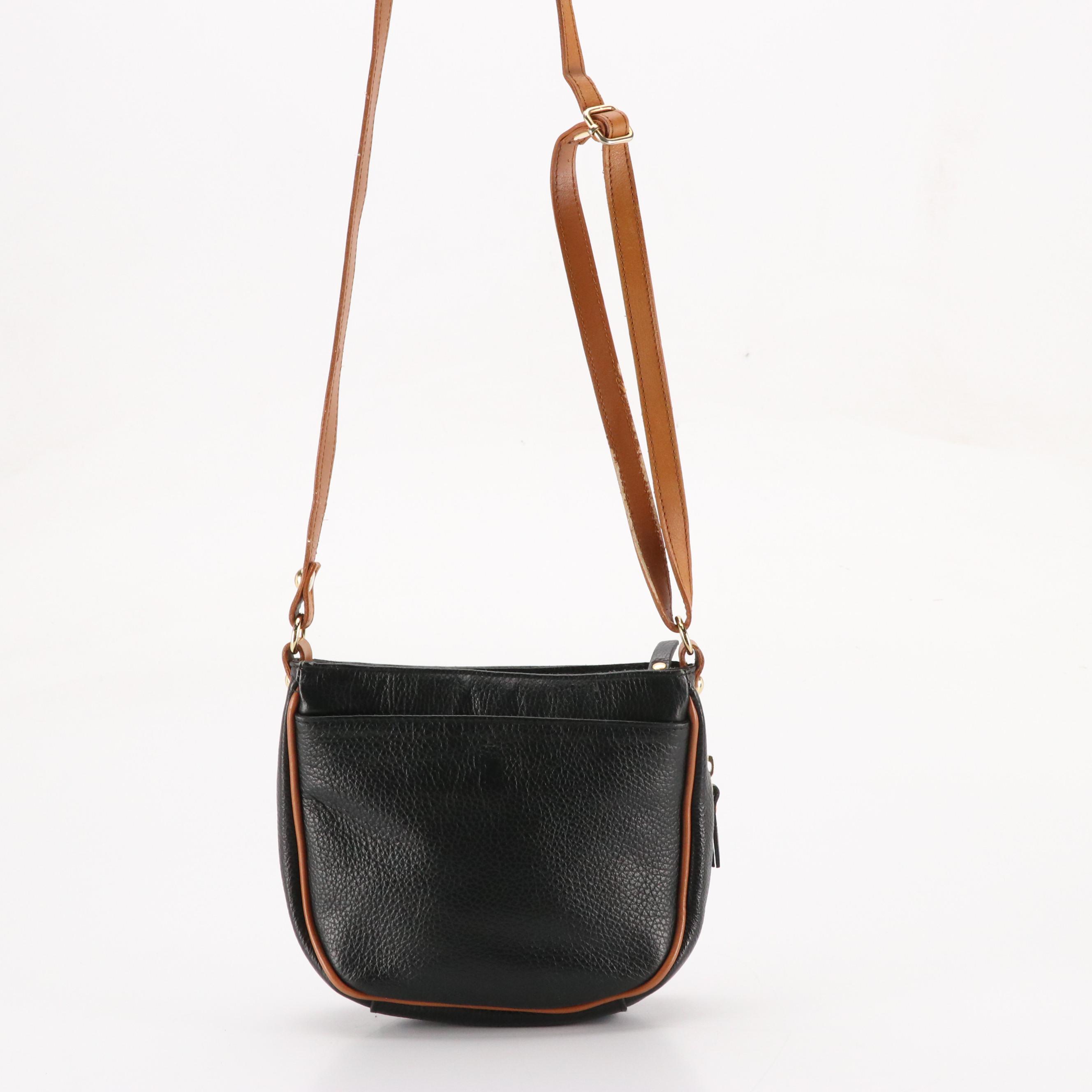 Valentina Mini Crossbody Bag in Black Grained Leather and Brown Trim