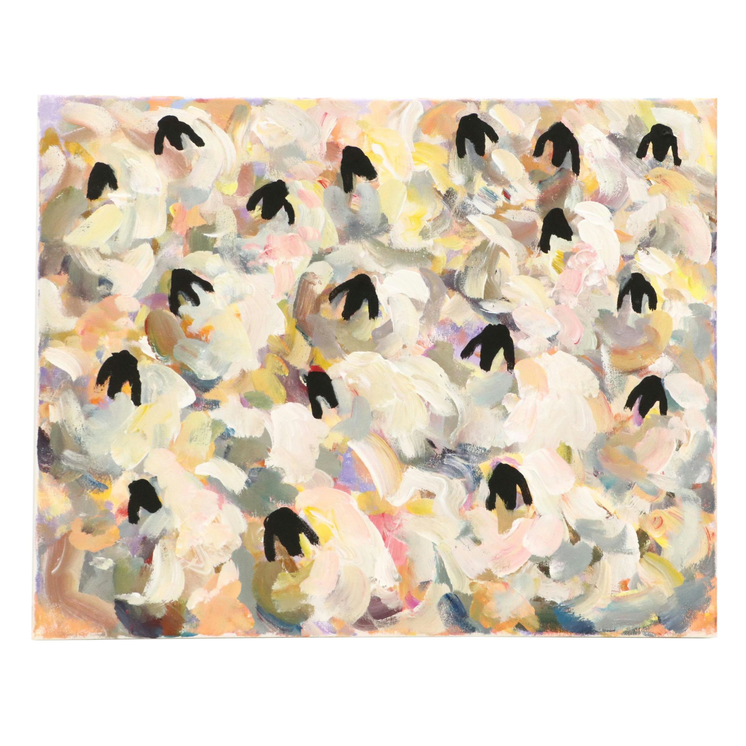 Elle Raines Stylized Acrylic Painting "Flock of Sheep #16," 21st Century