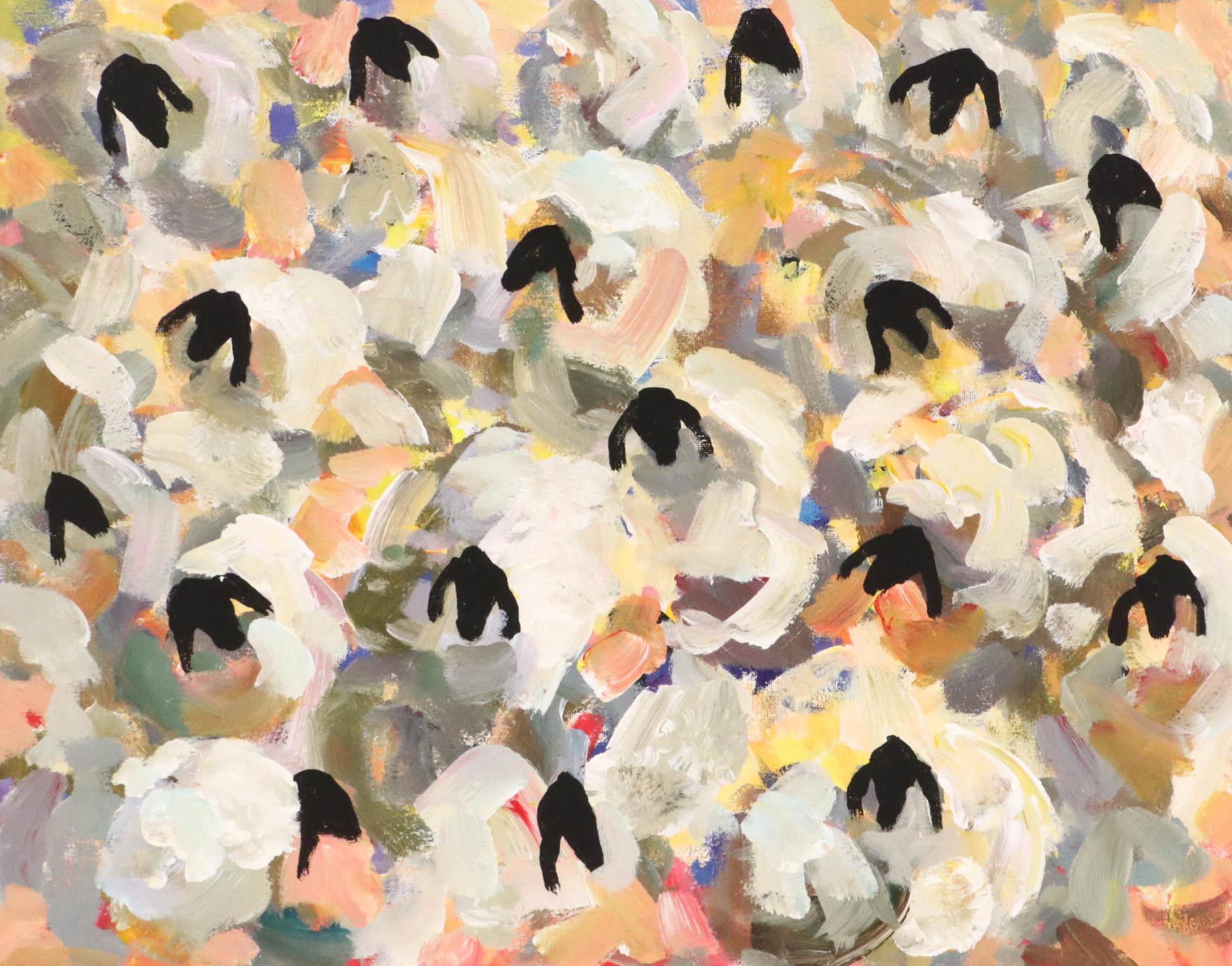 Elle Raines Stylized Acrylic Painting "Flock of Sheep #15," 21st Century