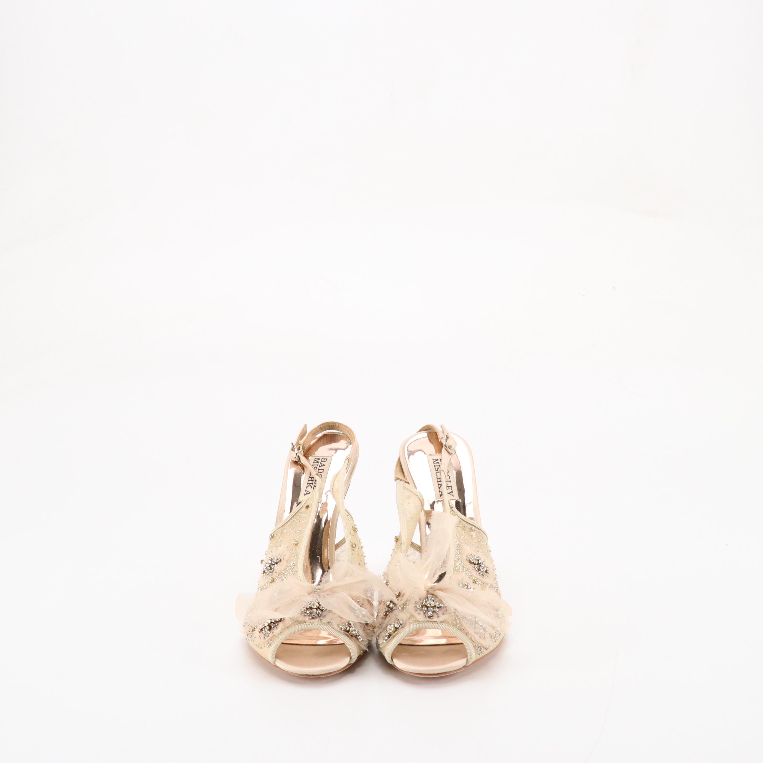 Badgley Mischka Crystal and Bead Embellished Mesh and Silk Open-Toe Slingbacks