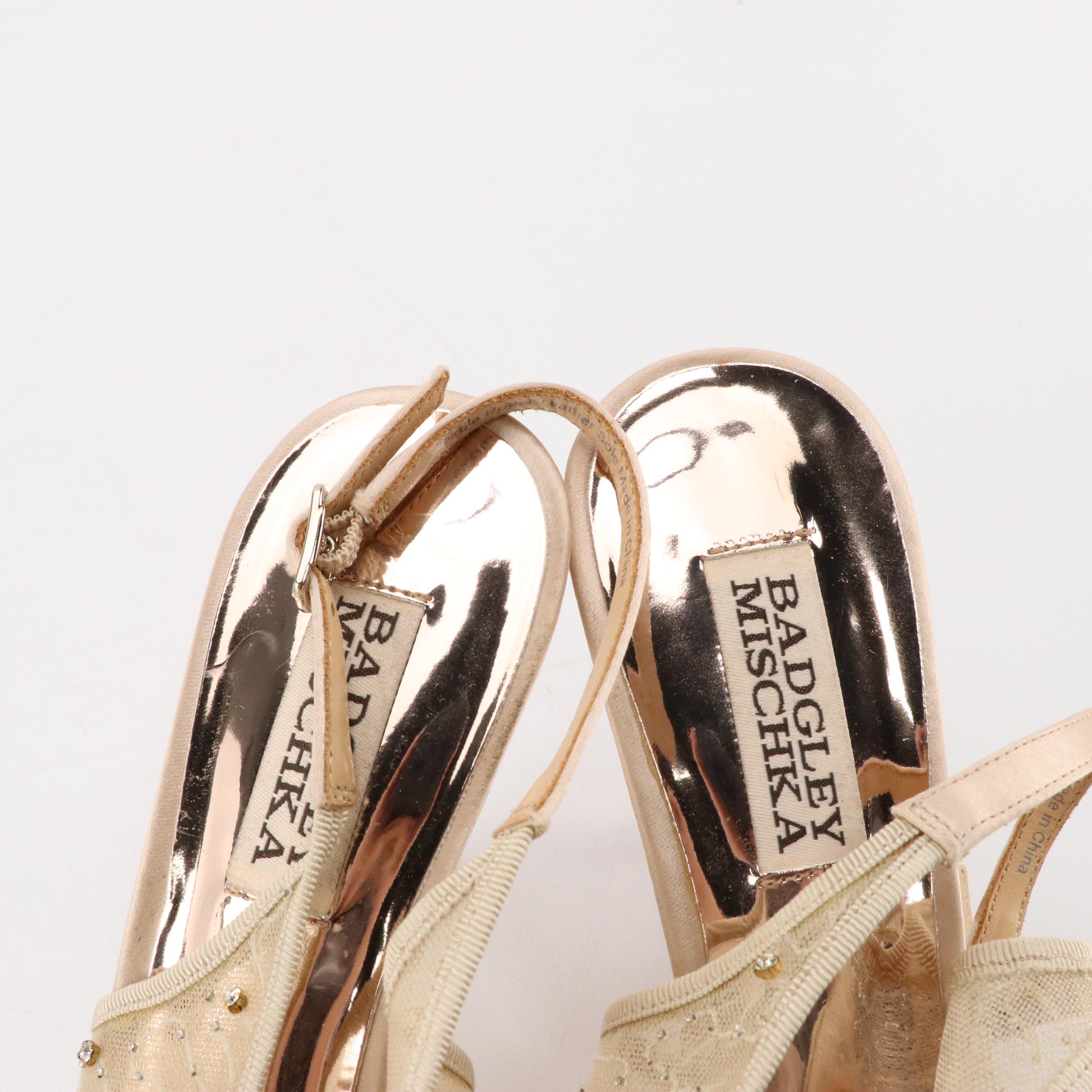 Badgley Mischka Crystal and Bead Embellished Mesh and Silk Open-Toe Slingbacks