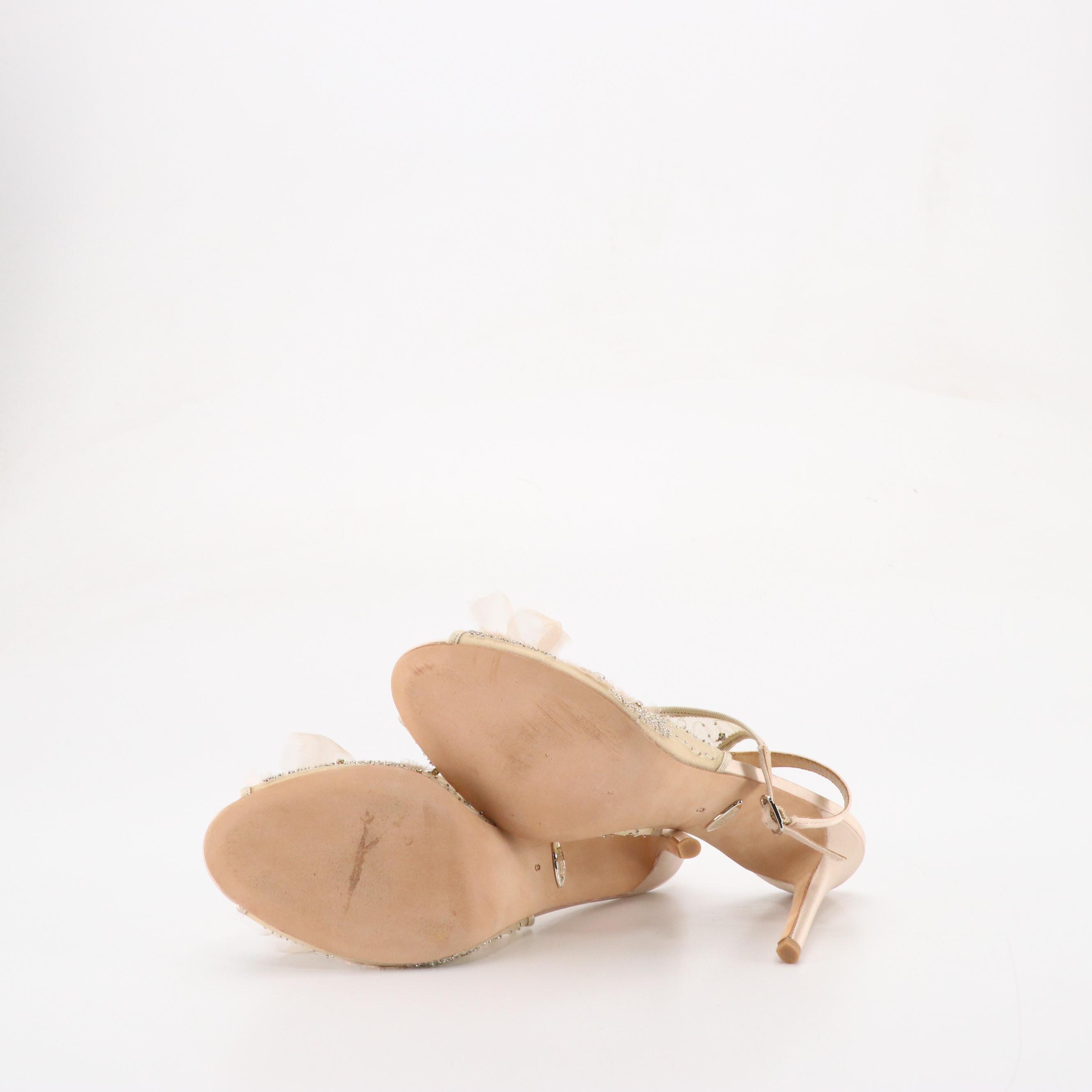 Badgley Mischka Crystal and Bead Embellished Mesh and Silk Open-Toe Slingbacks