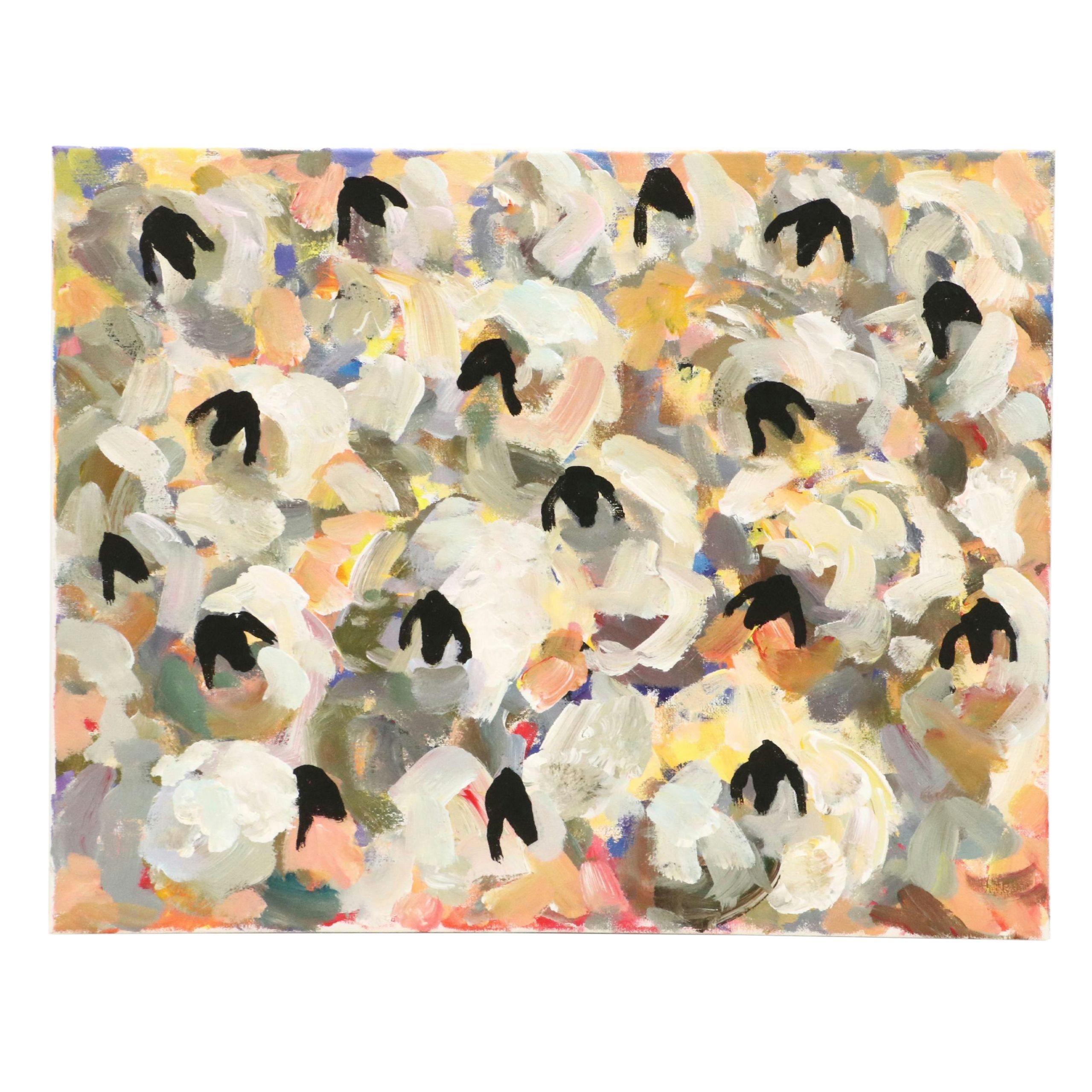 Elle Raines Stylized Acrylic Painting "Flock of Sheep #15," 21st Century