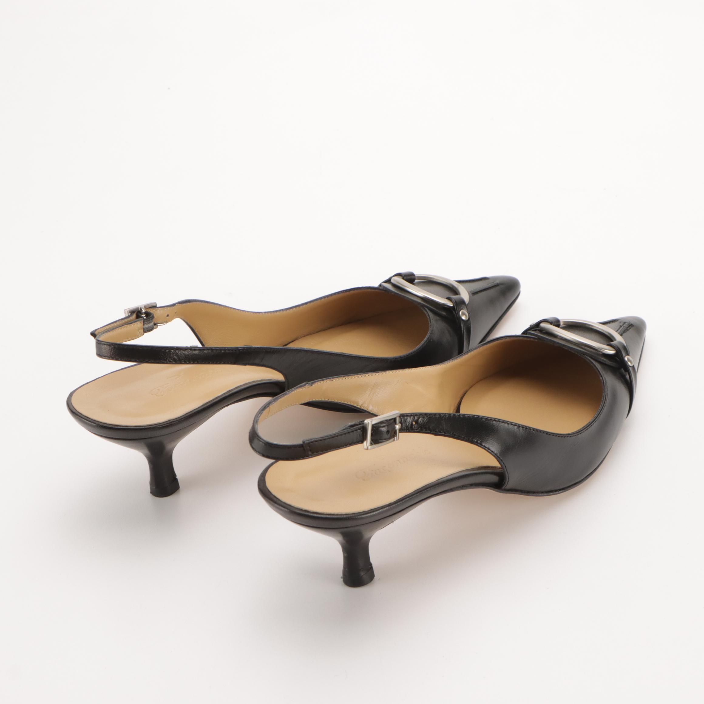 Façonnable Pointed-Toe Kitten Heels in Black Leather with Box