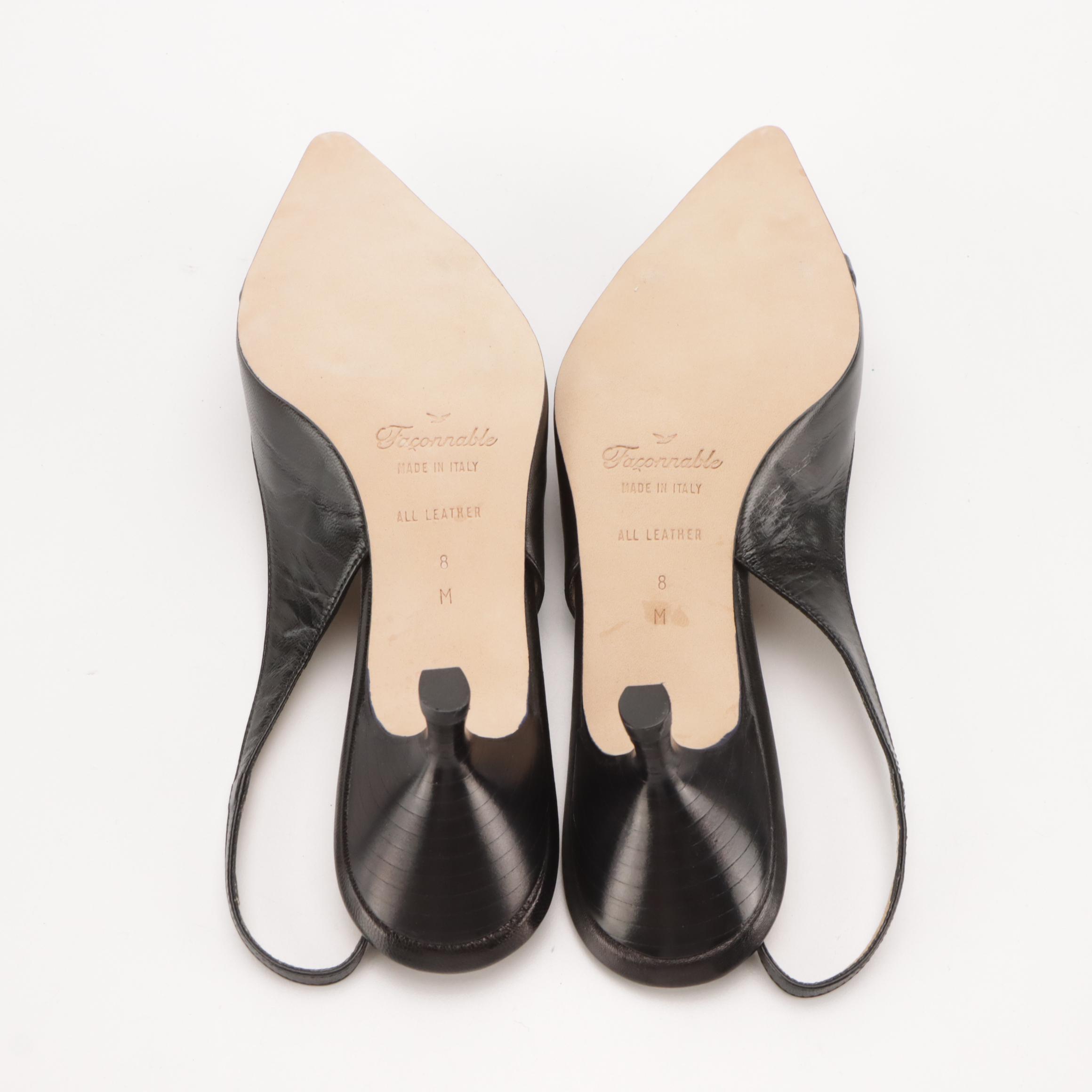 Façonnable Pointed-Toe Kitten Heels in Black Leather with Box