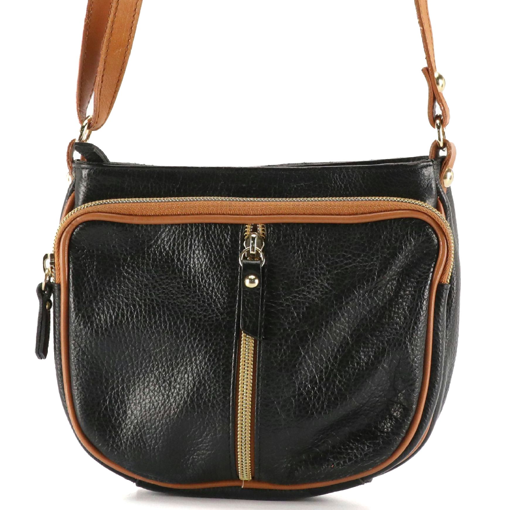 Valentina Mini Crossbody Bag in Black Grained Leather and Brown Trim