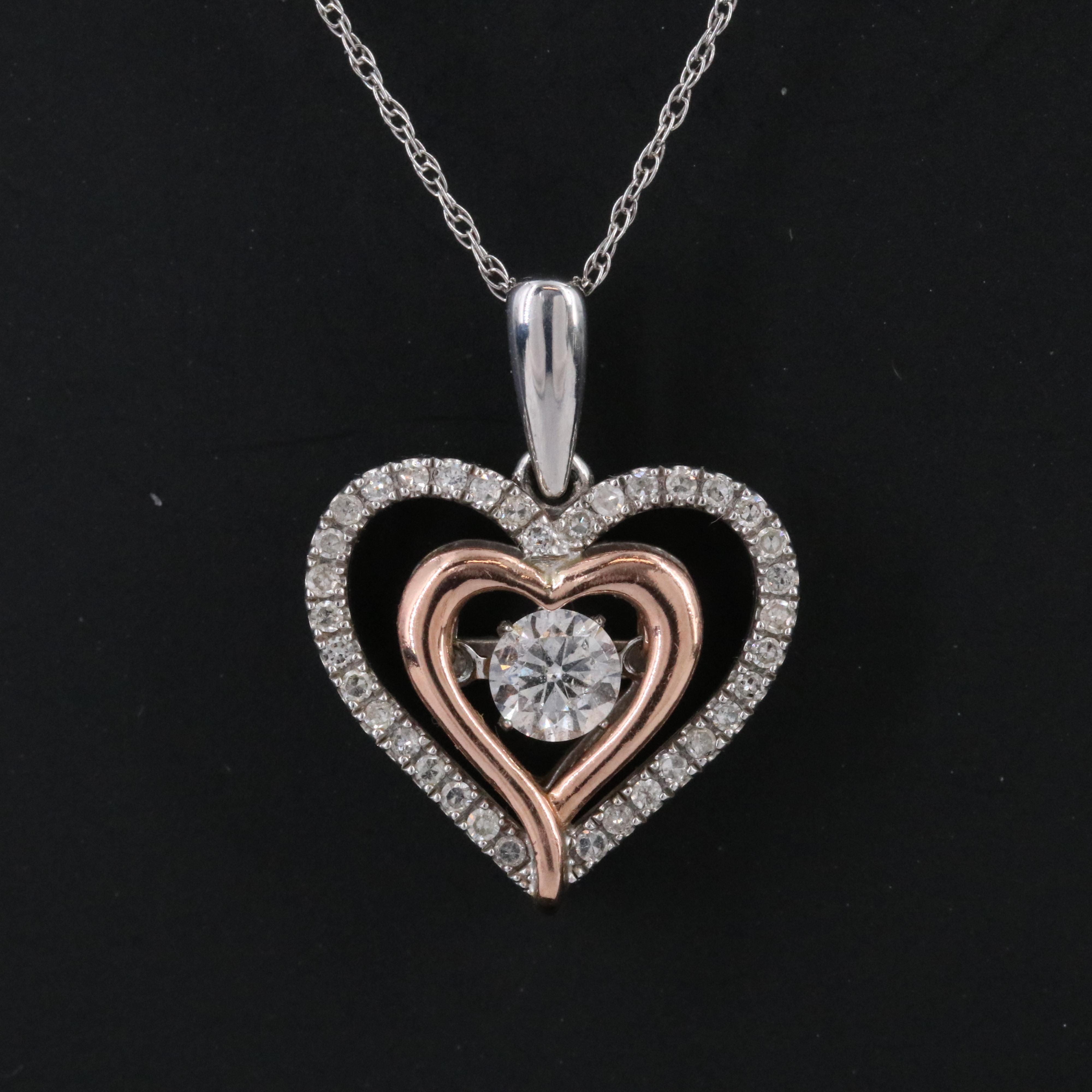 10K 0.40 CTW Diamond Heart Pendant Necklace with Rose Gold Accents