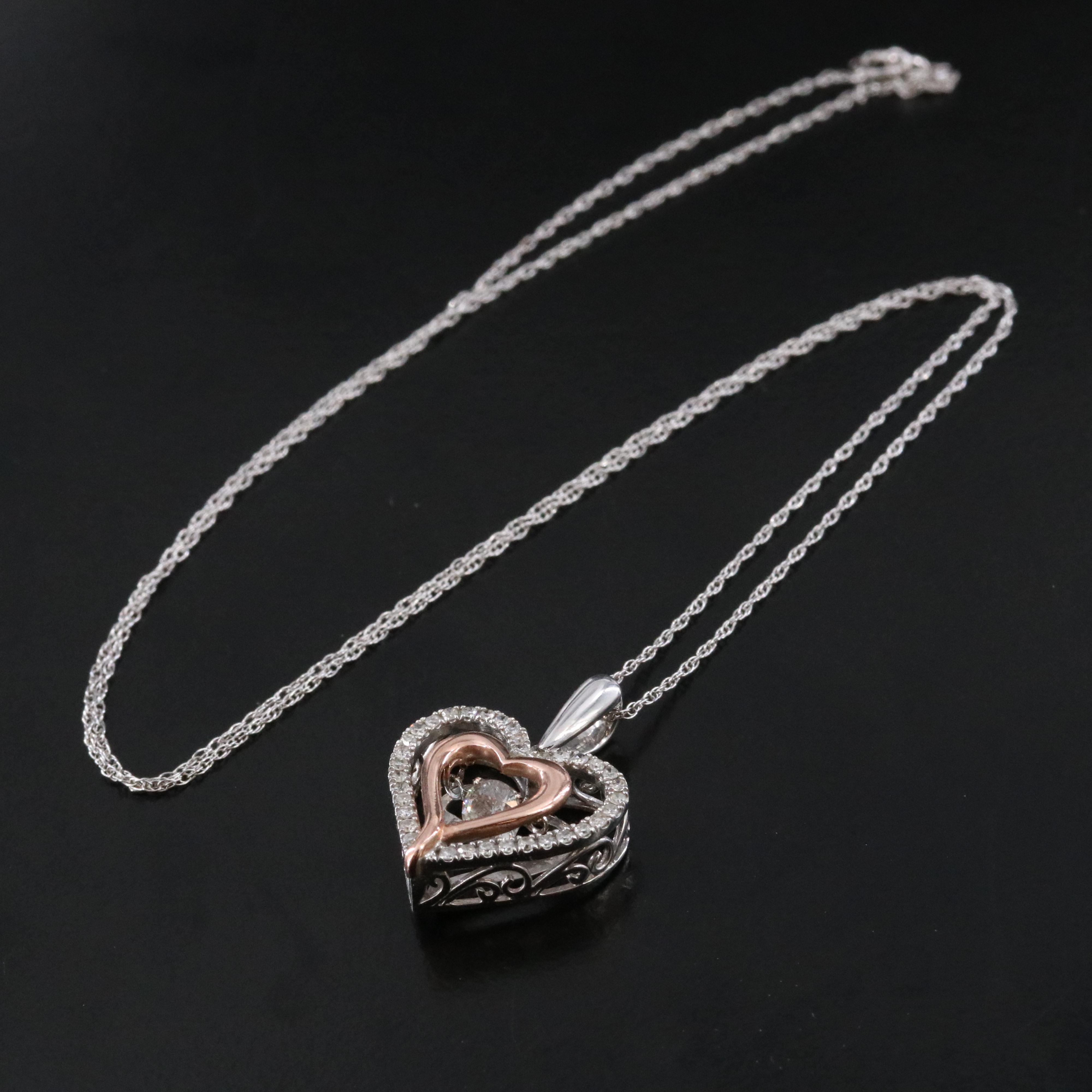 10K 0.40 CTW Diamond Heart Pendant Necklace with Rose Gold Accents