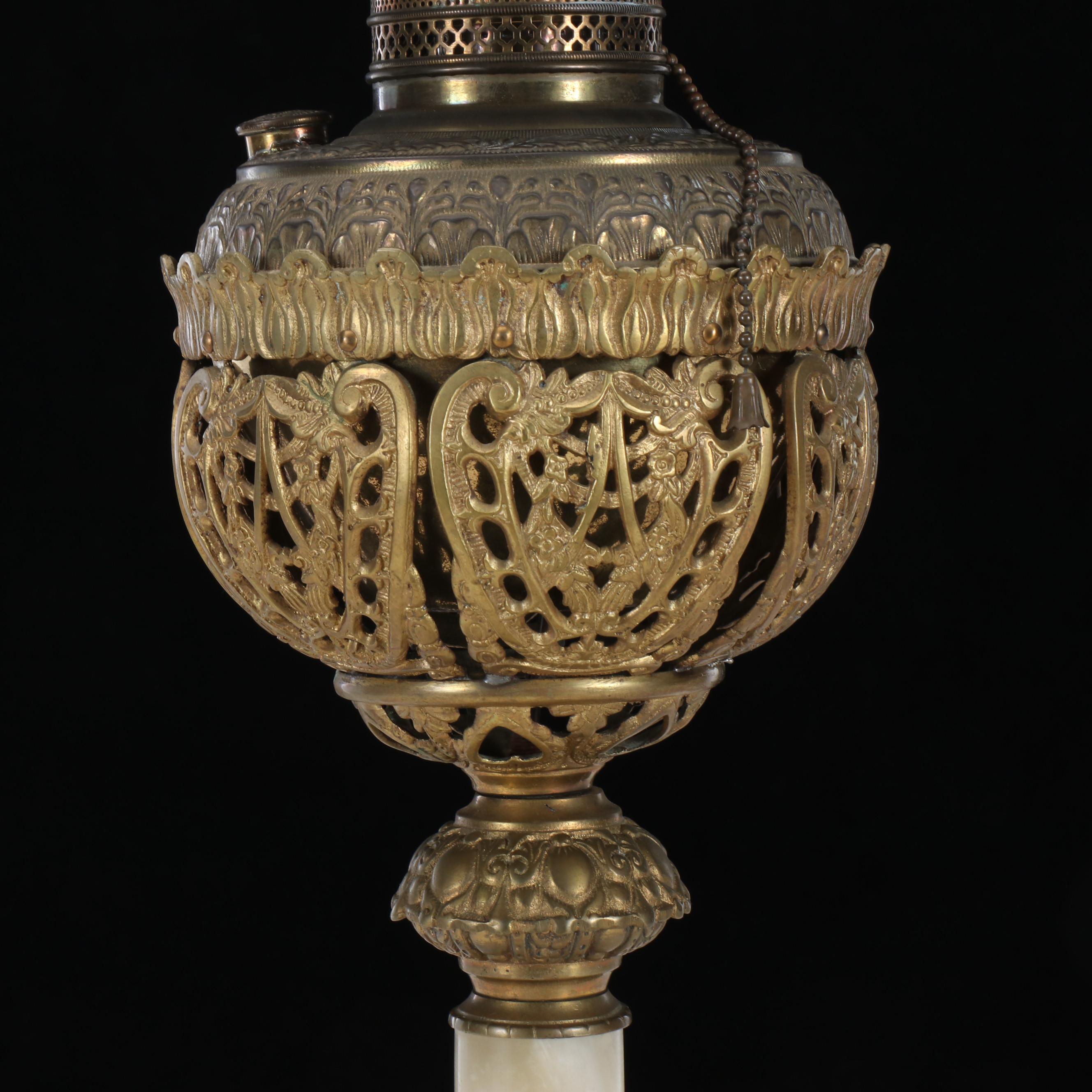 Victorian Brass and Marble Banquet Oil Lamp, Adapted Mid-20th Century