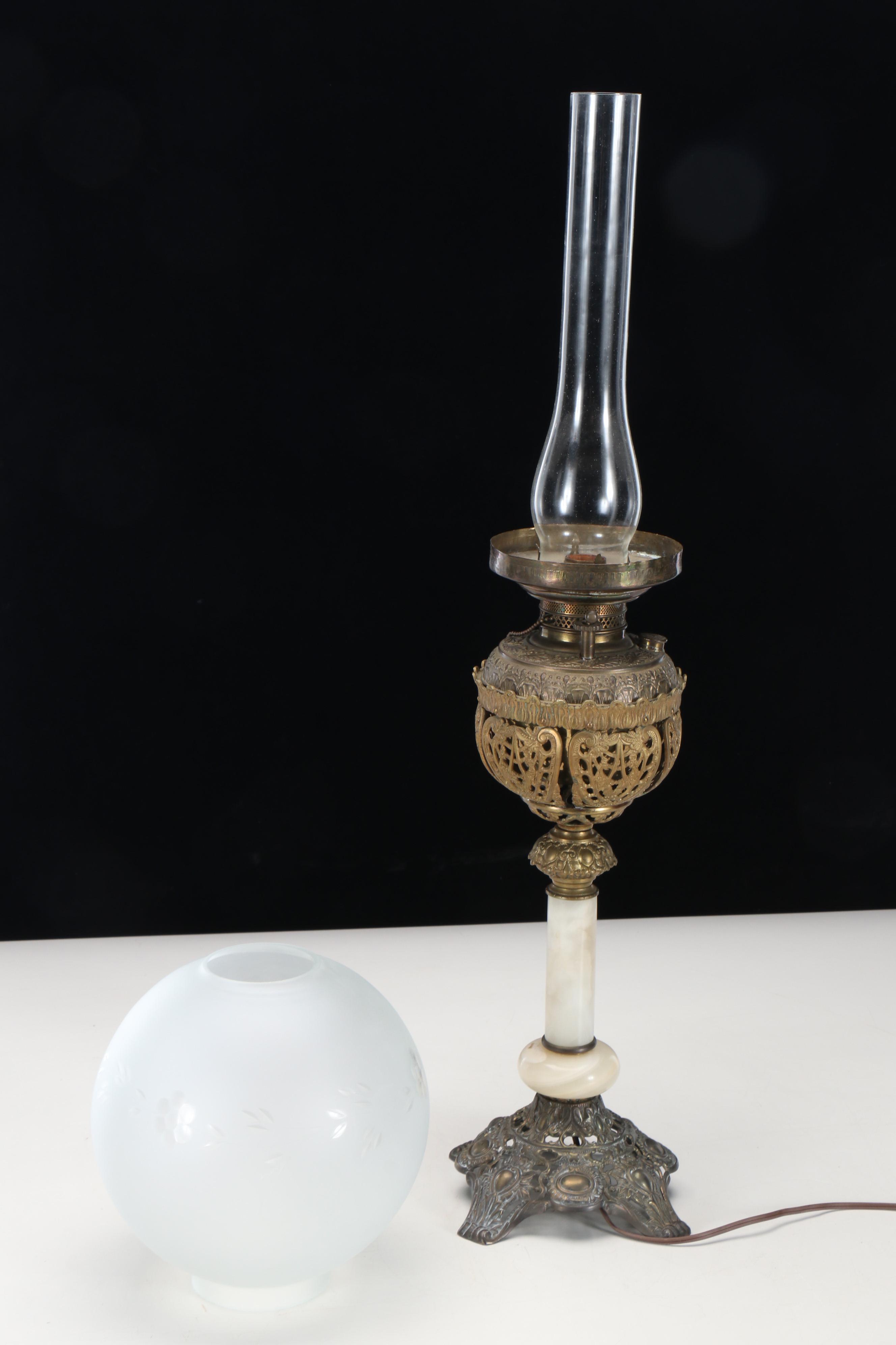 Victorian Brass and Marble Banquet Oil Lamp, Adapted Mid-20th Century