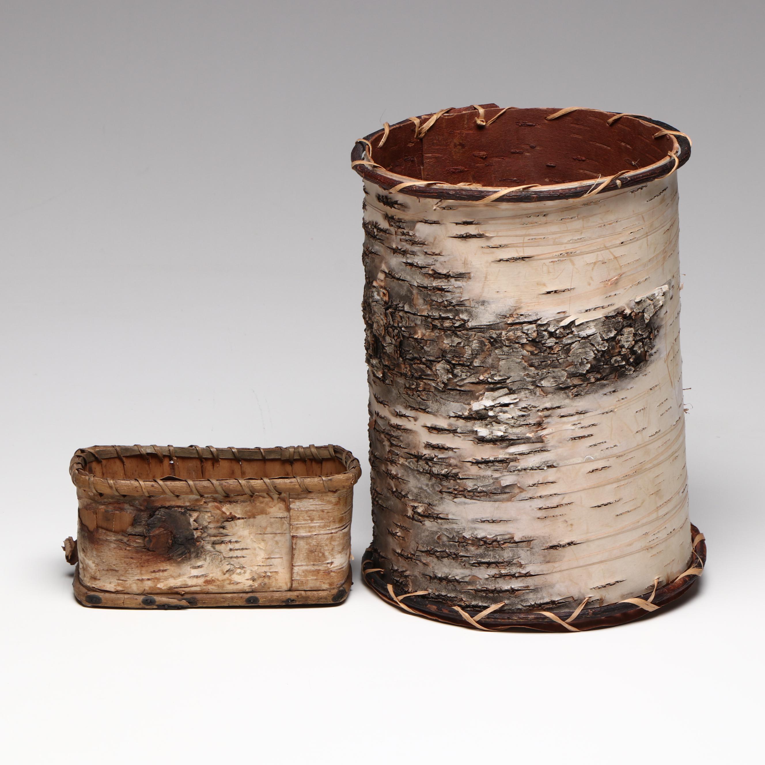 Indigenous American Cylindrical and Rectangular Birch Vessels with Husk Doll