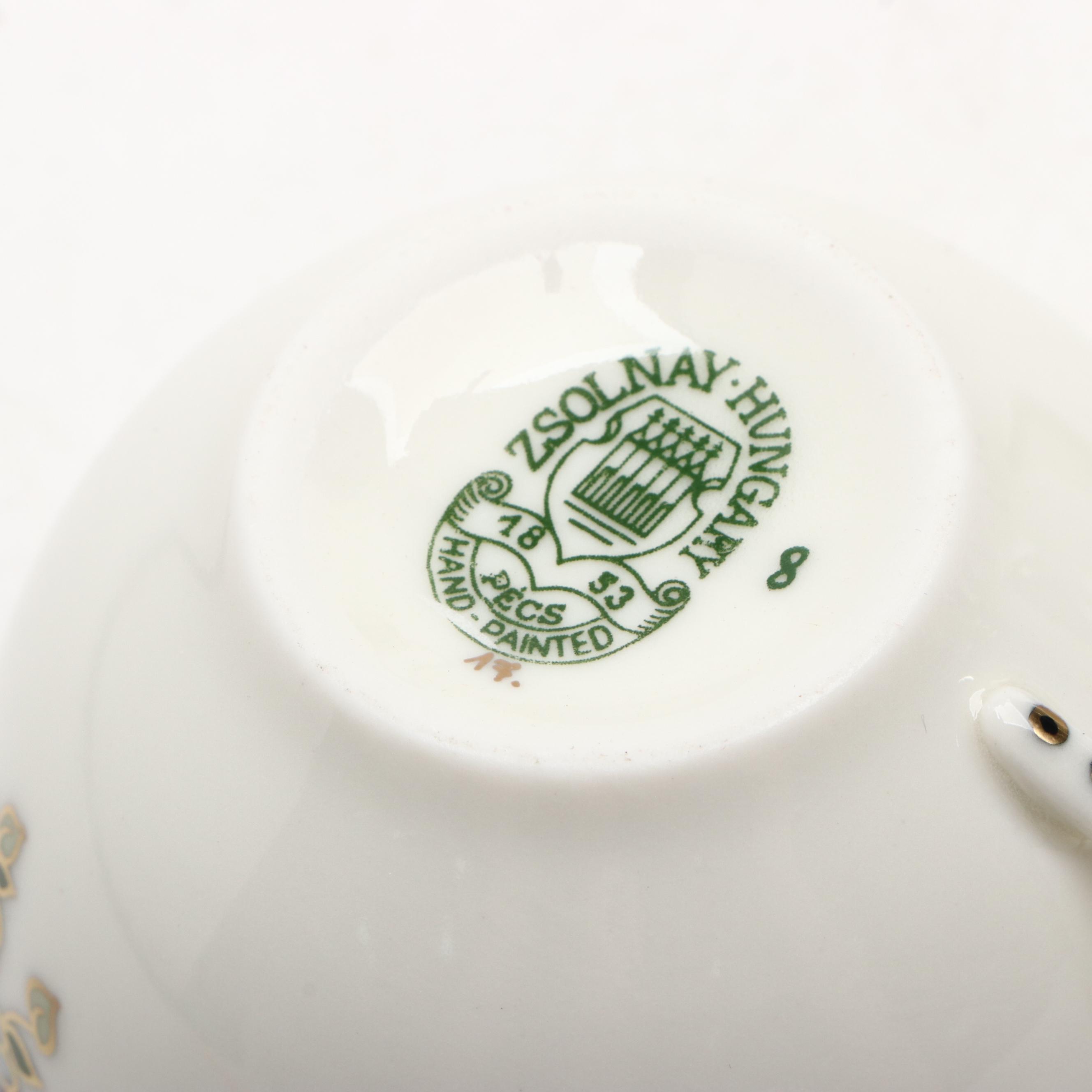 Zsolnay Hand-Painted Hungarian Porcelain Tea Set with Other Egg Cups