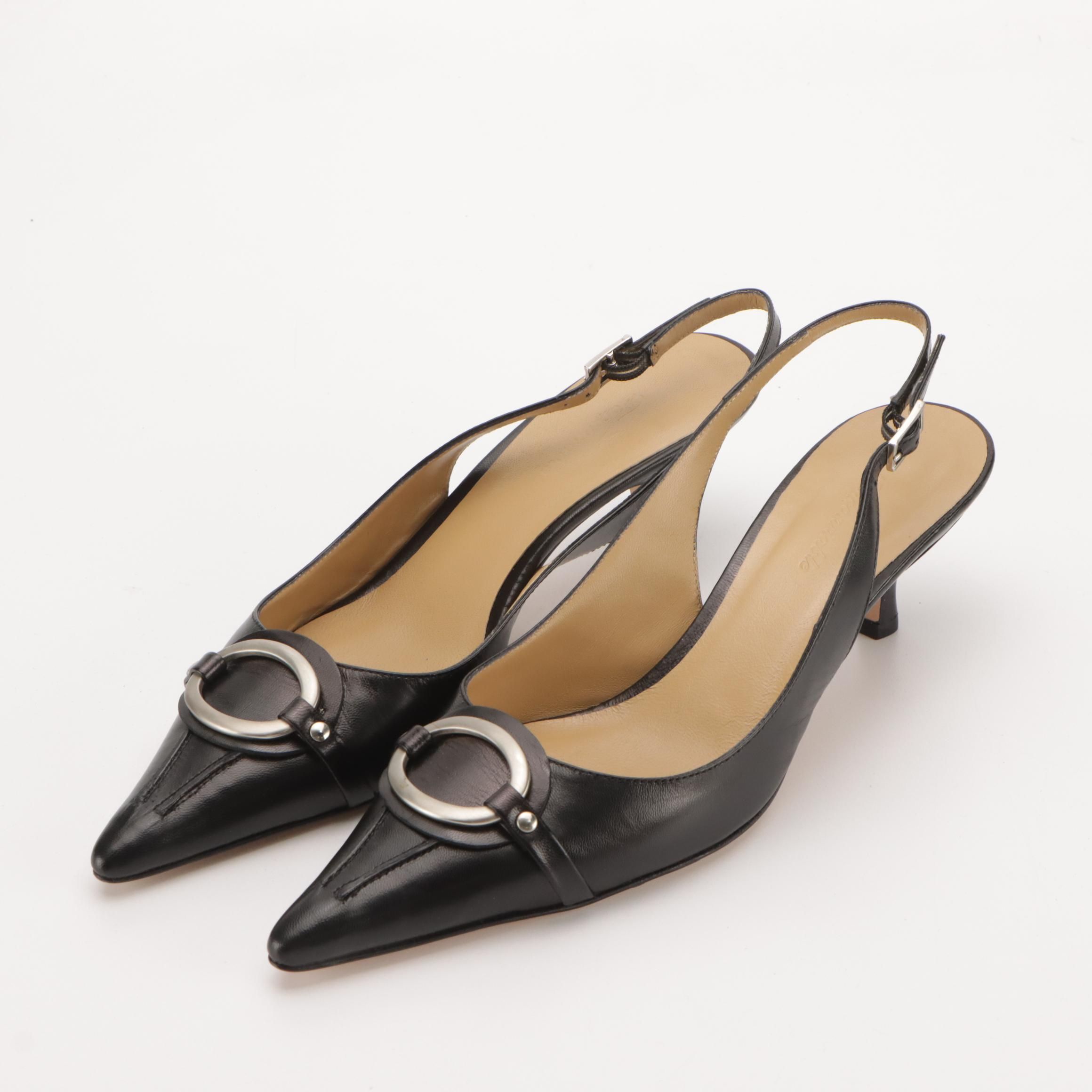 Façonnable Pointed-Toe Kitten Heels in Black Leather with Box