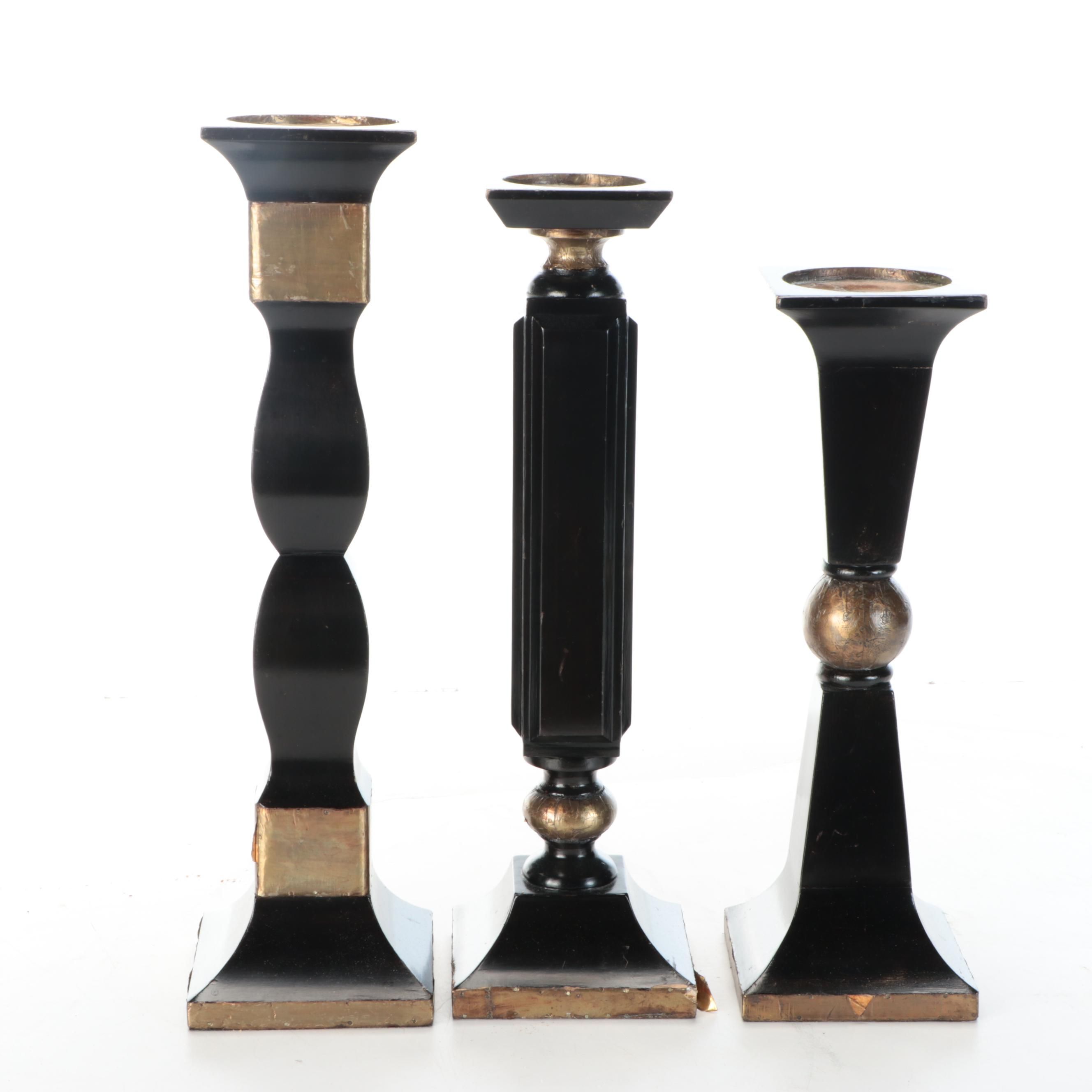 Gold Foil and Black Polychrome Wooden Candle Holders