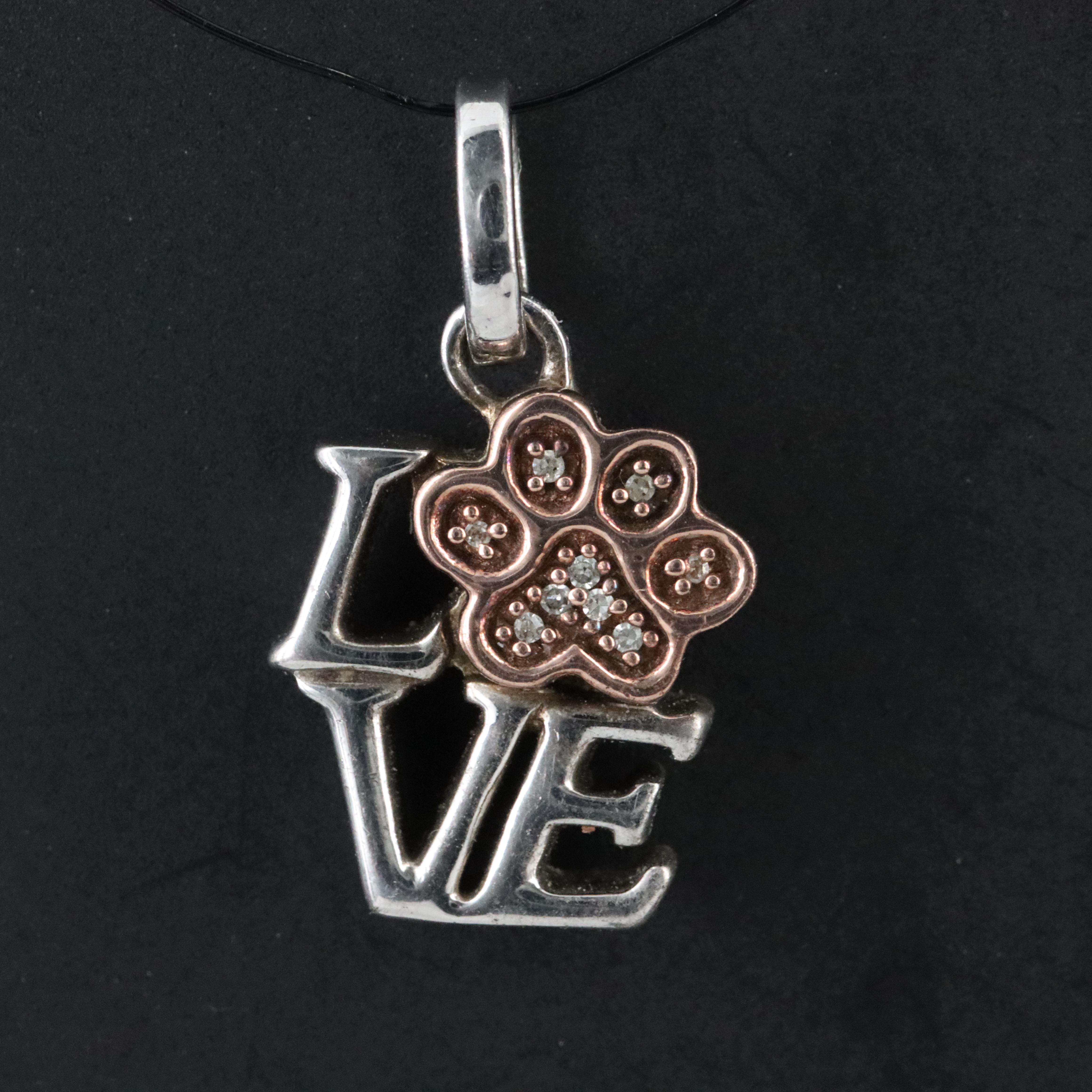 Sterling Diamond 'LOVE' Paw Charm Pendant with 10K Rose Gold Accent