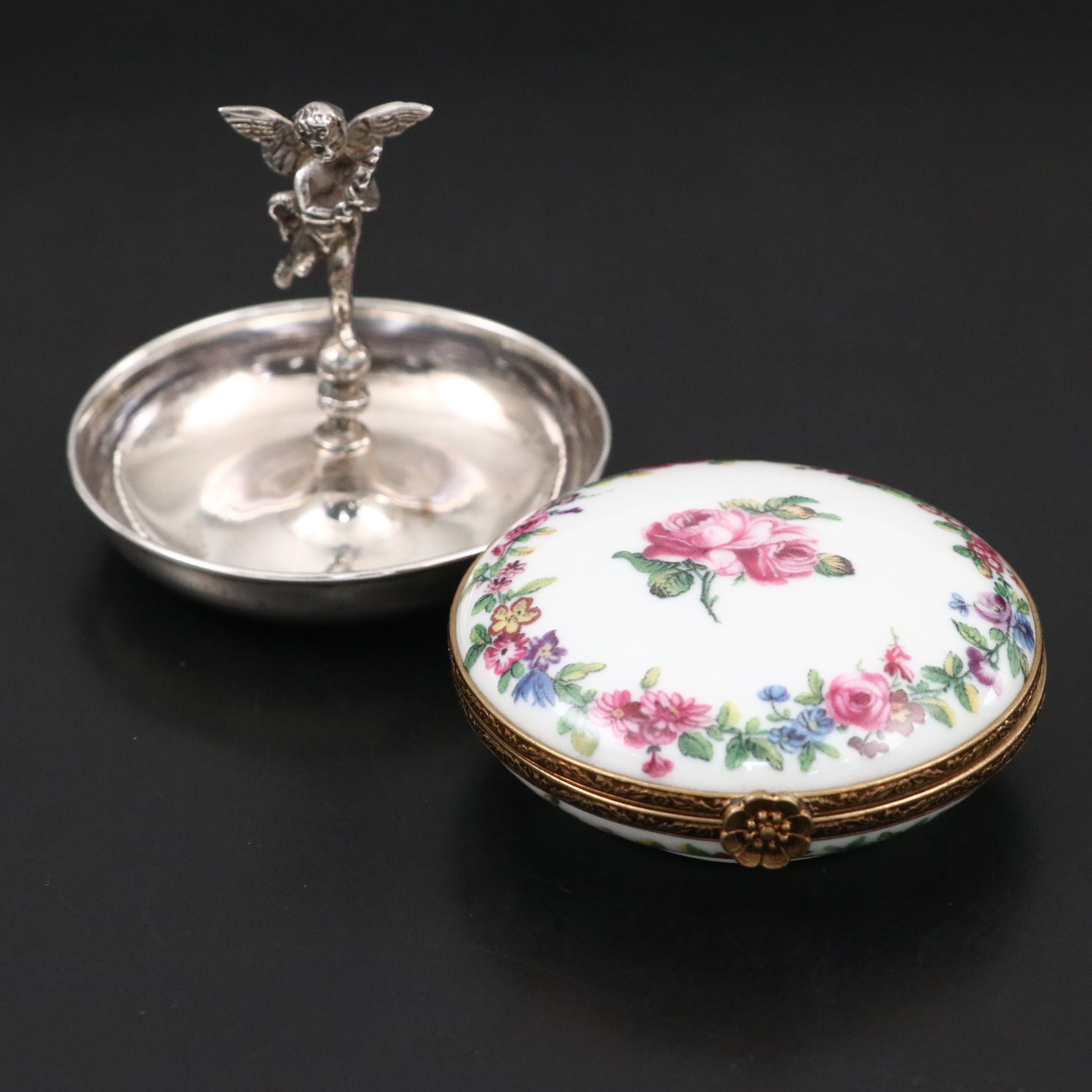 Cherub Form 800 Silver Pin Dish with Floral Porcelain Limoges Box