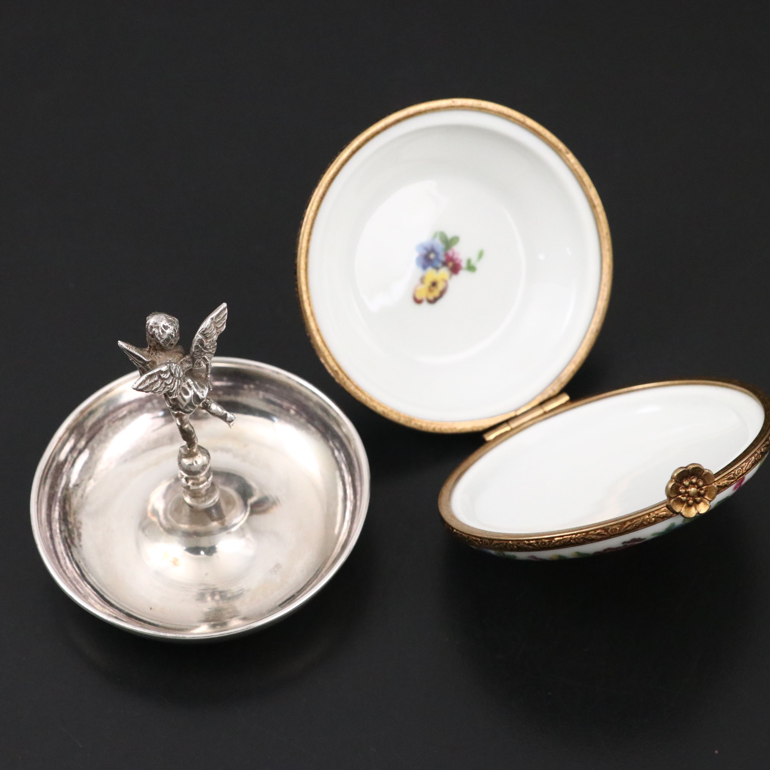 Cherub Form 800 Silver Pin Dish with Floral Porcelain Limoges Box