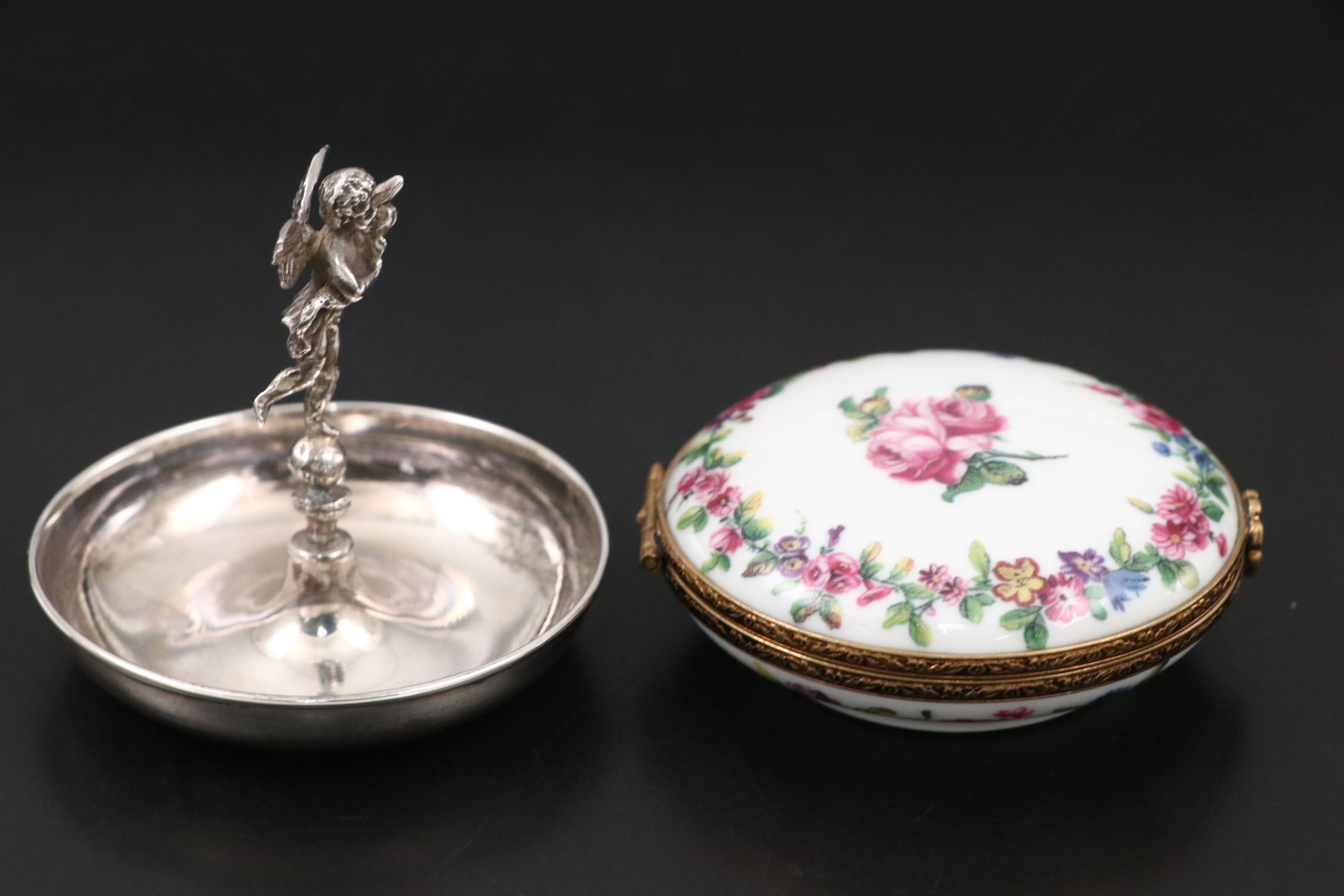 Cherub Form 800 Silver Pin Dish with Floral Porcelain Limoges Box